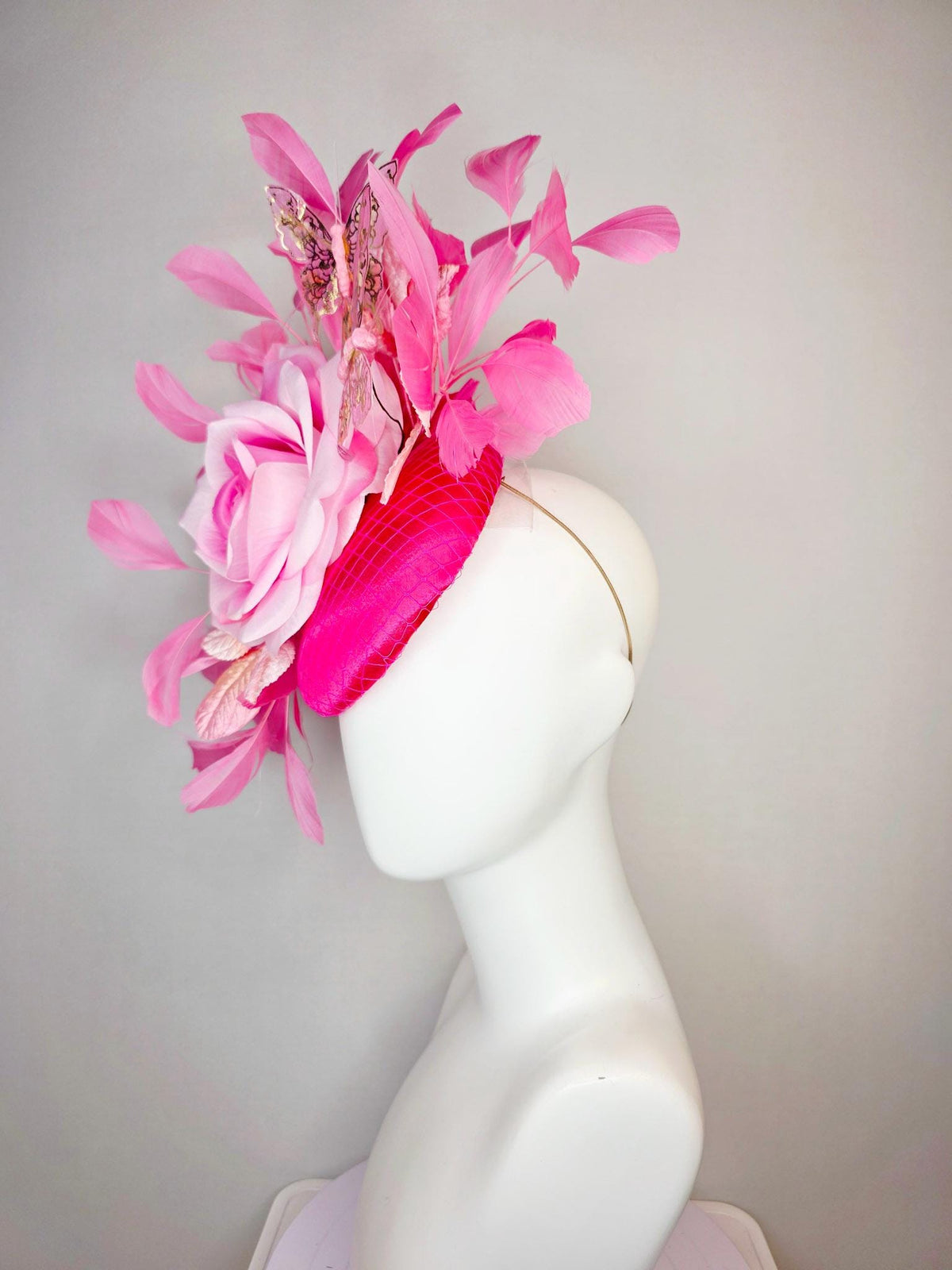 kentucky derby hat fascinator fuchsia satin with netting ombre pink satin rose light pink leaves blush hot pink feathers gold butterflies