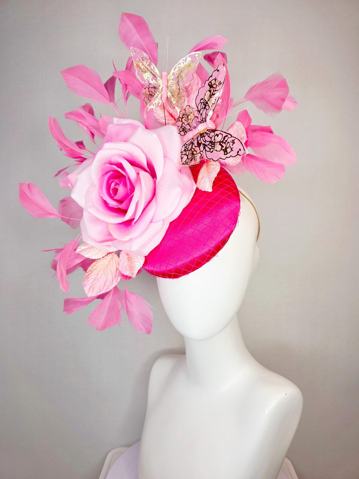 kentucky derby hat fascinator fuchsia satin with netting ombre pink satin rose light pink leaves blush hot pink feathers gold butterflies