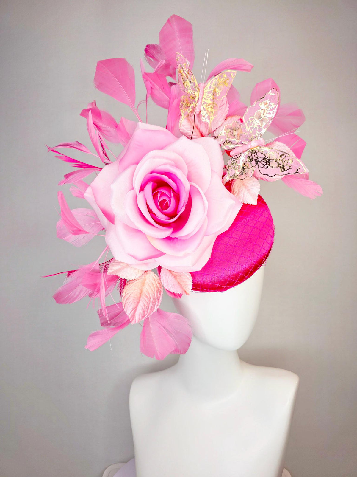 kentucky derby hat fascinator fuchsia satin with netting ombre pink satin rose light pink leaves blush hot pink feathers gold butterflies
