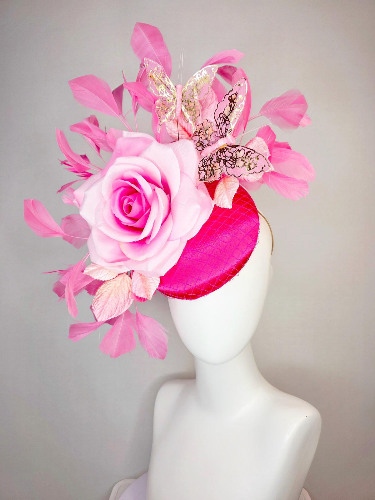 kentucky derby hat fascinator fuchsia satin with netting ombre pink satin rose light pink leaves blush hot pink feathers gold butterflies