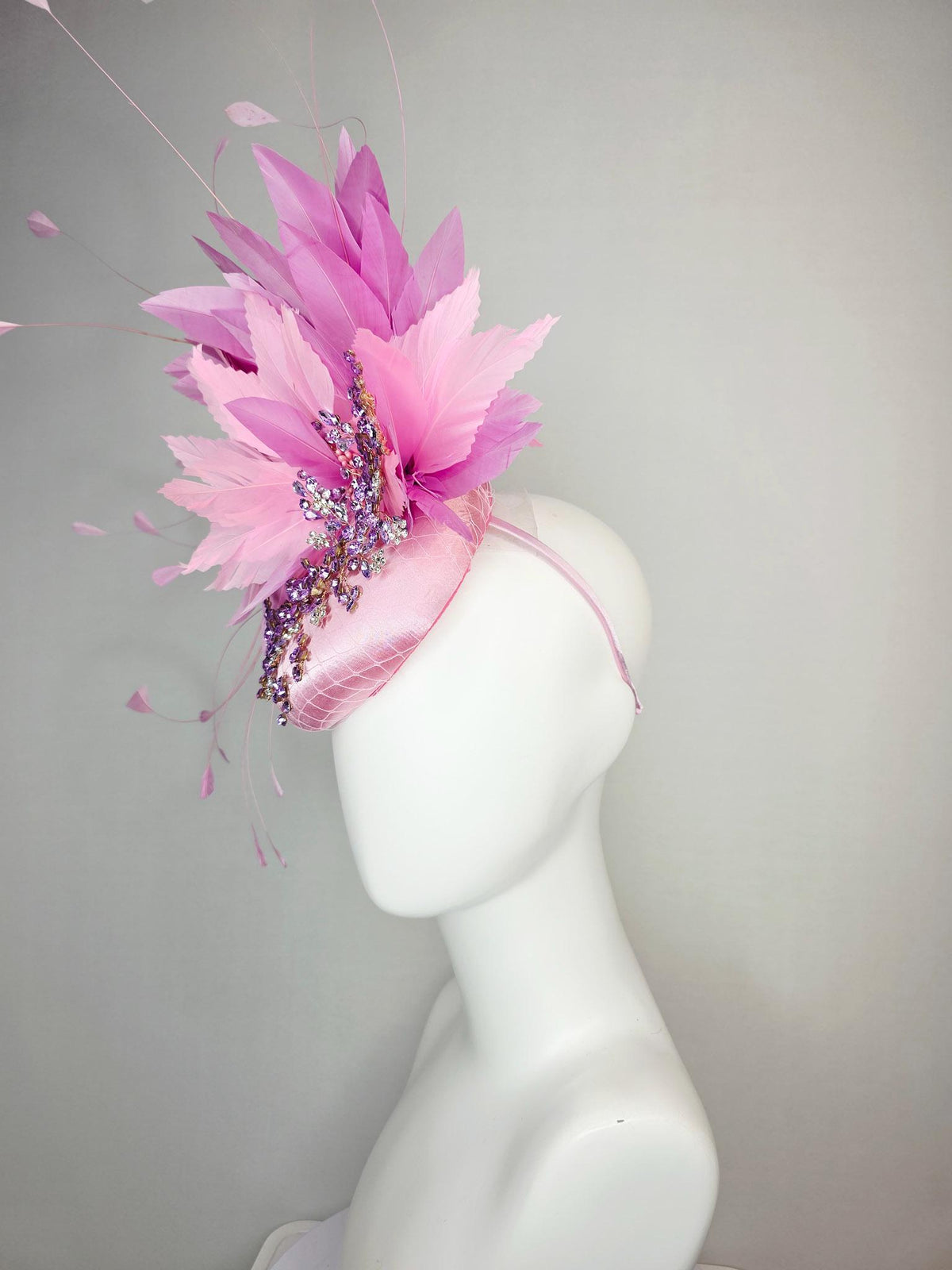 kentucky derby hat fascinator baby pink satin with netting leaf vine lavender purple crystal rhinestone fluffy light pink lilac feathers