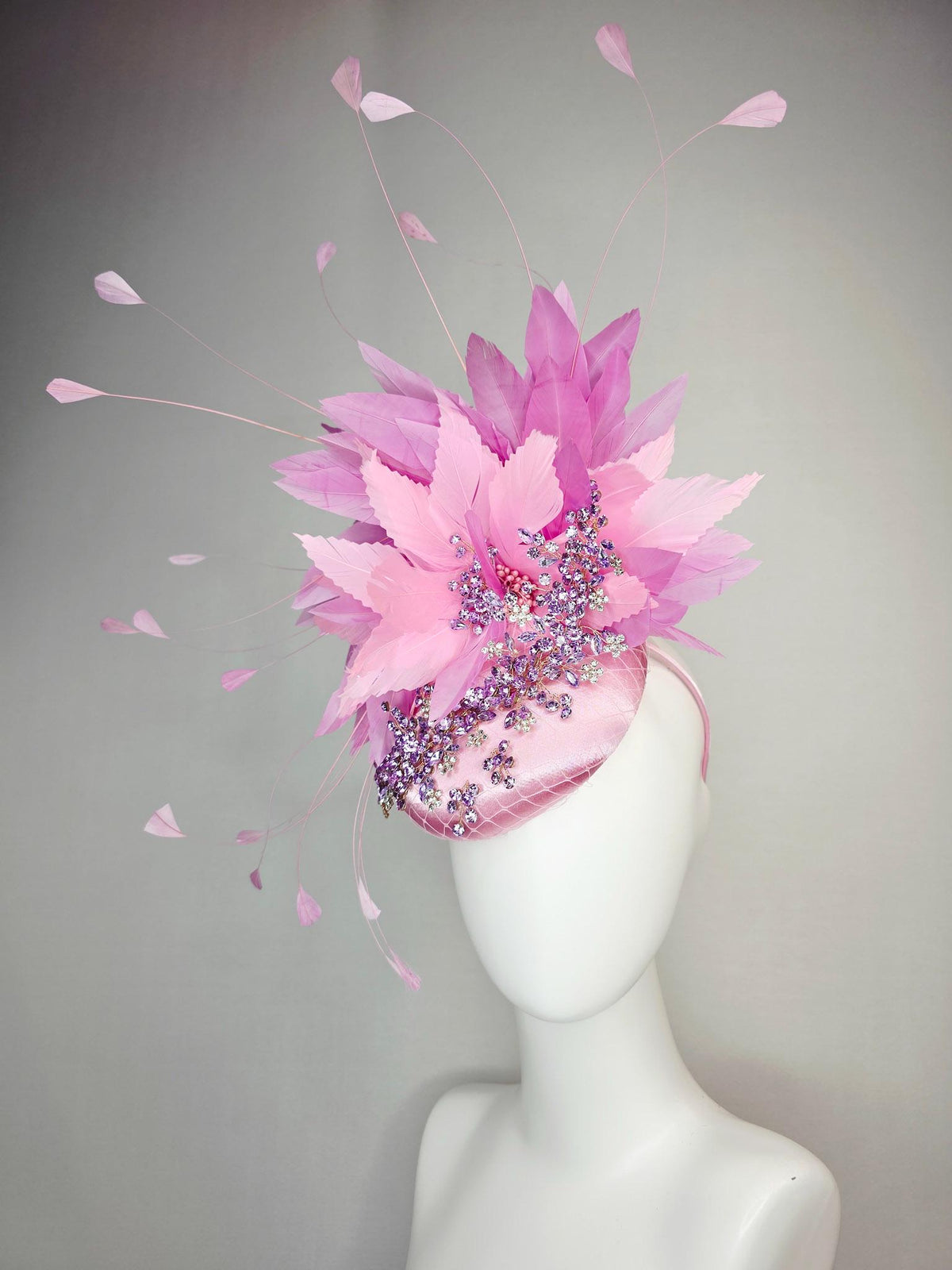 kentucky derby hat fascinator baby pink satin with netting leaf vine lavender purple crystal rhinestone fluffy light pink lilac feathers
