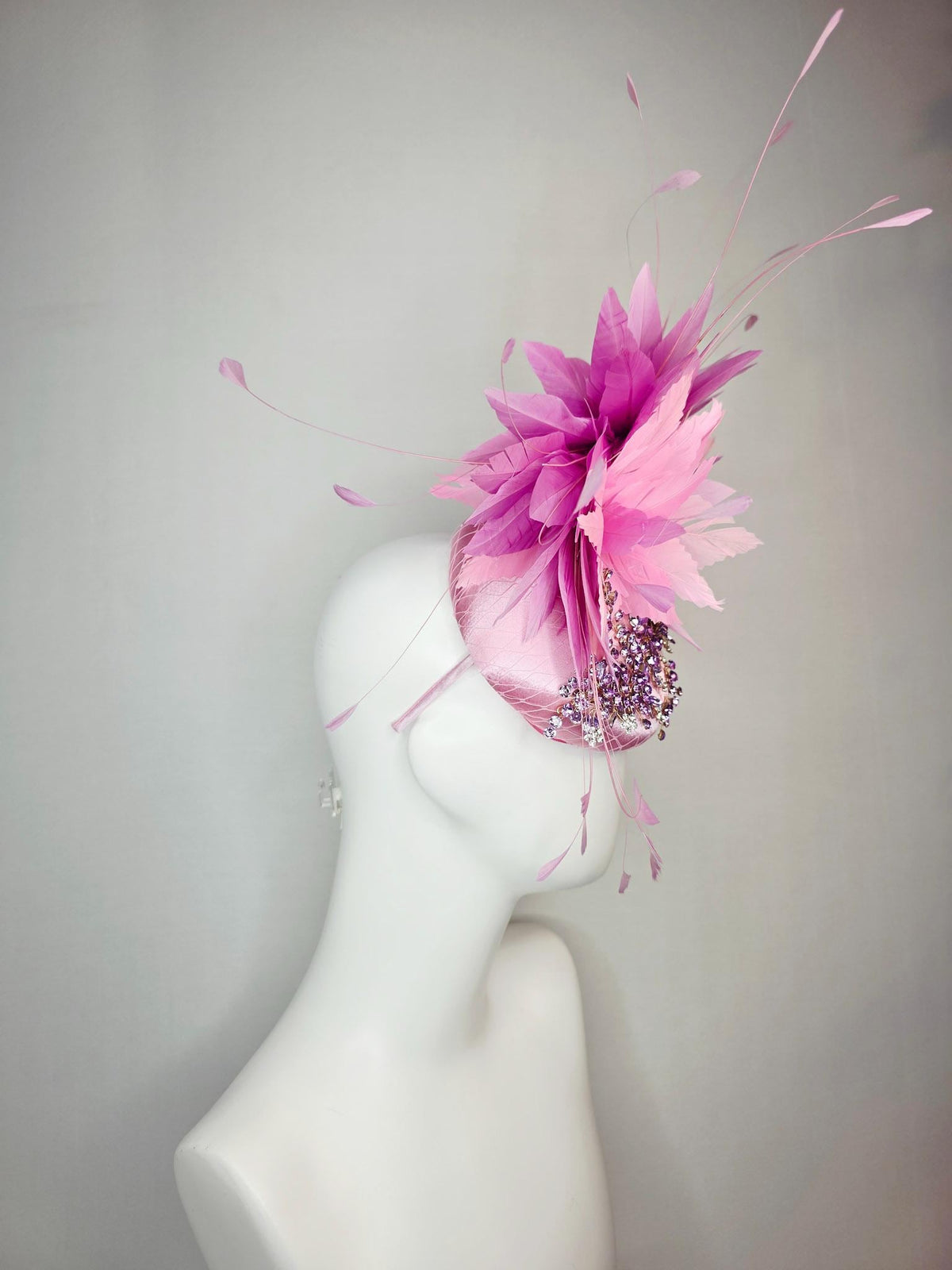 kentucky derby hat fascinator baby pink satin with netting leaf vine lavender purple crystal rhinestone fluffy light pink lilac feathers