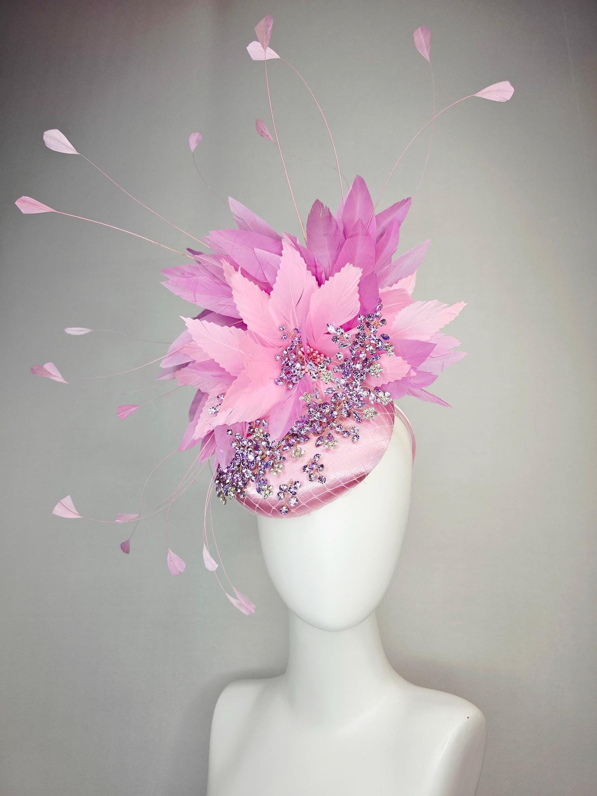 kentucky derby hat fascinator baby pink satin with netting leaf vine lavender purple crystal rhinestone fluffy light pink lilac feathers