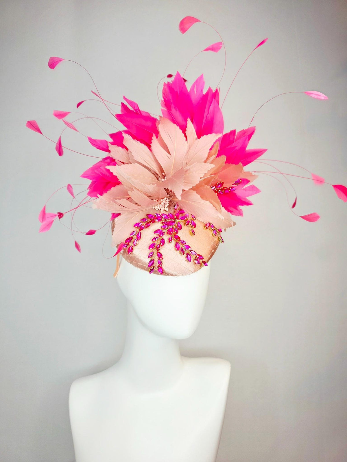 kentucky derby hat fascinator champagne pink satin with netting leaf vine pink crystal rhinestone fluffy dusty mauve pink fuchsia feathers