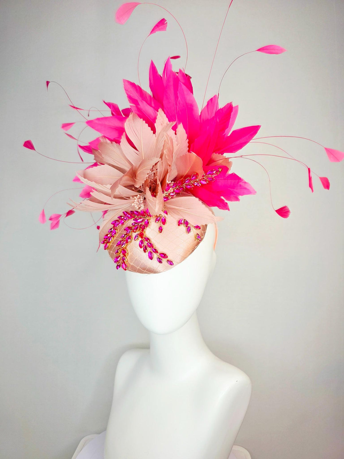 kentucky derby hat fascinator champagne pink satin with netting leaf vine pink crystal rhinestone fluffy dusty mauve pink fuchsia feathers