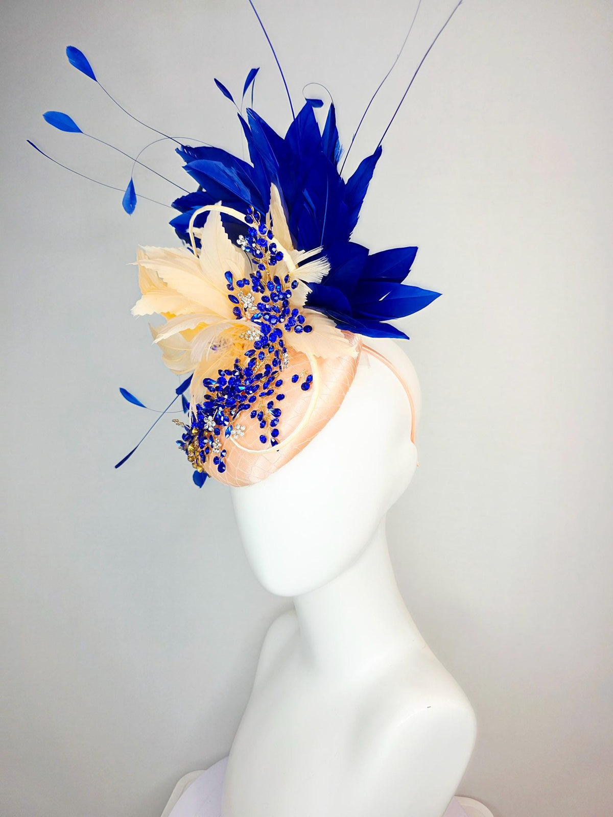 kentucky derby hat fascinator champagne beige satin with netting leaf vine blue crystal rhinestone cream beige royal cobalt blue feathers