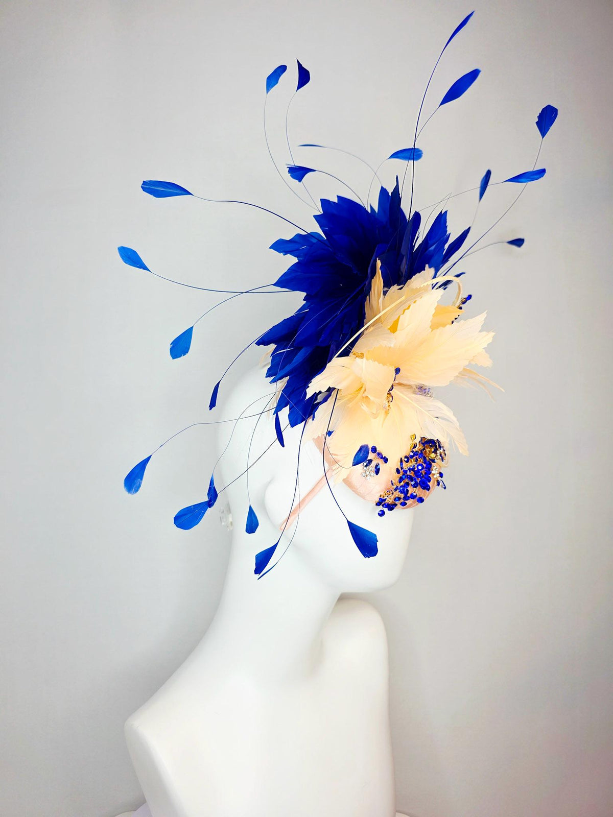 kentucky derby hat fascinator champagne beige satin with netting leaf vine blue crystal rhinestone cream beige royal cobalt blue feathers