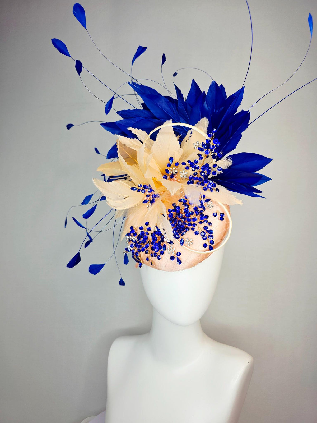 kentucky derby hat fascinator champagne beige satin with netting leaf vine blue crystal rhinestone cream beige royal cobalt blue feathers