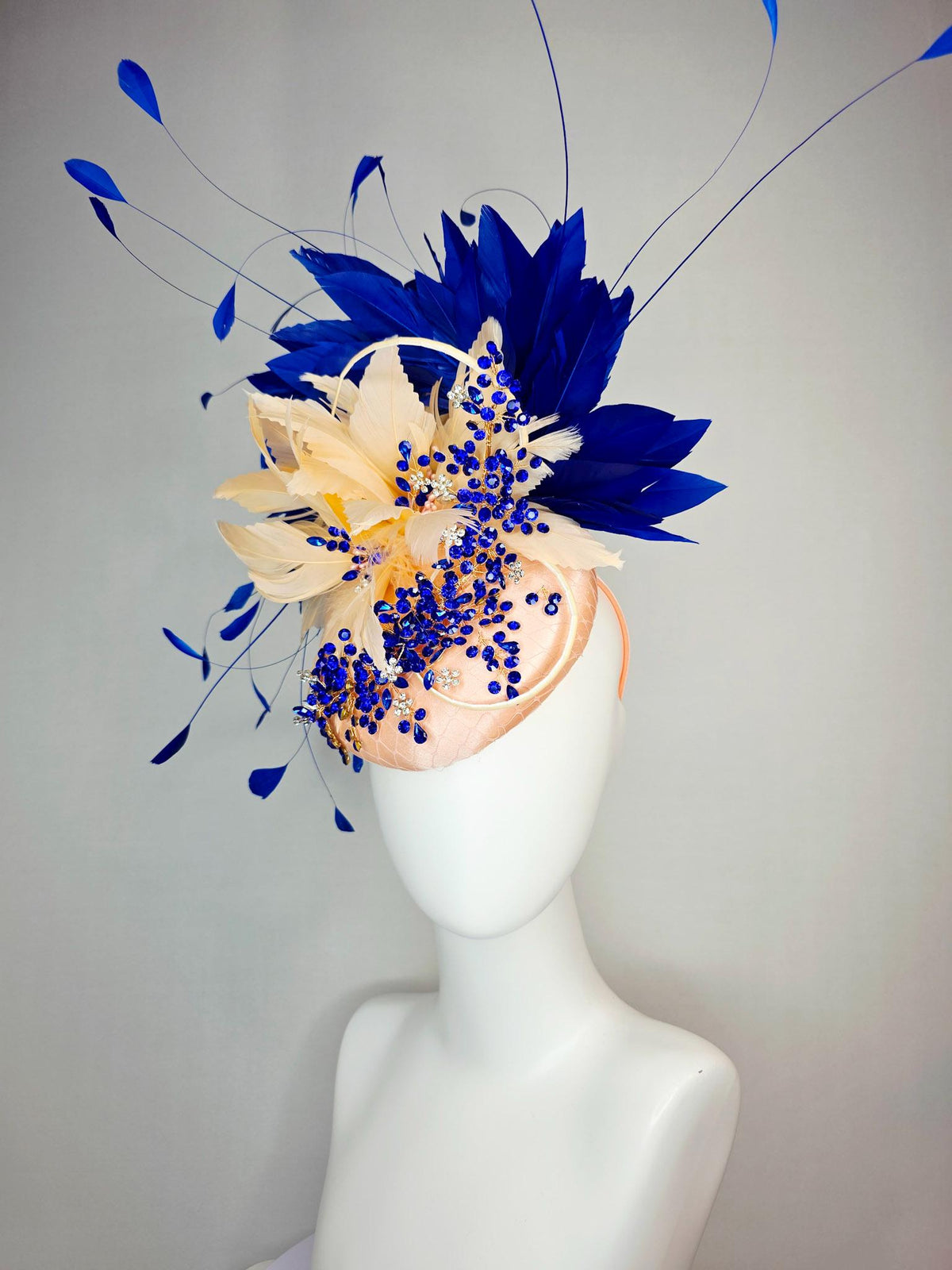 kentucky derby hat fascinator champagne beige satin with netting leaf vine blue crystal rhinestone cream beige royal cobalt blue feathers