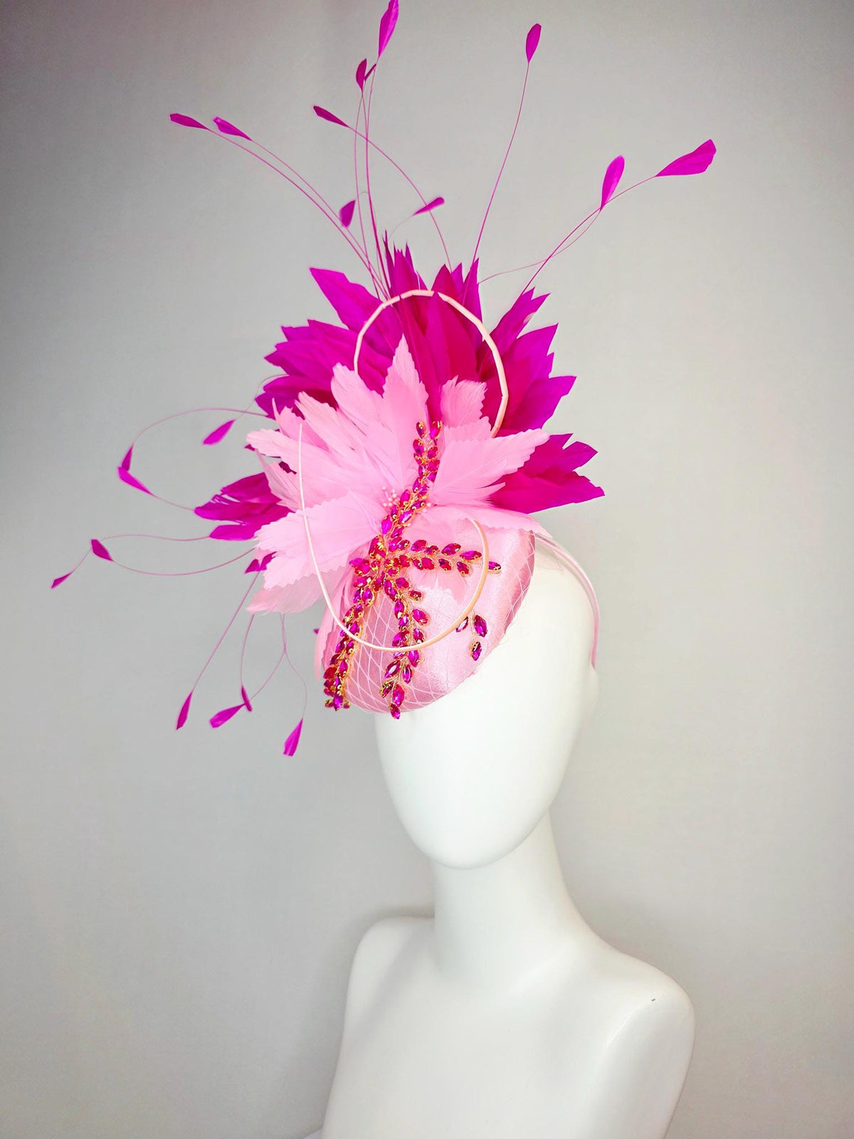 kentucky derby hat fascinator baby pink satin with netting leaf vine hot pink crystal rhinestone fluffy light baby pink fuchsia feathers