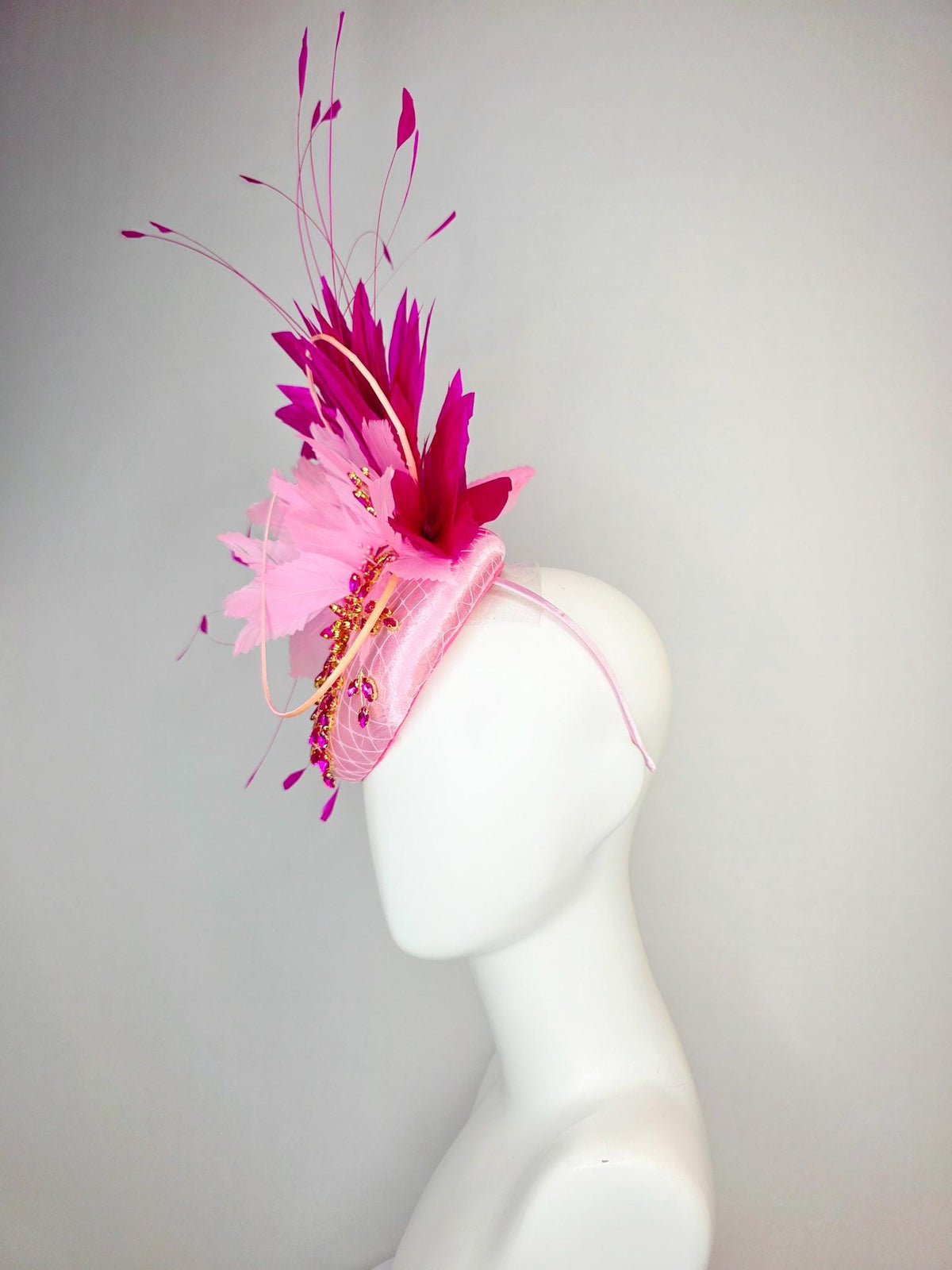 kentucky derby hat fascinator baby pink satin with netting leaf vine hot pink crystal rhinestone fluffy light baby pink fuchsia feathers