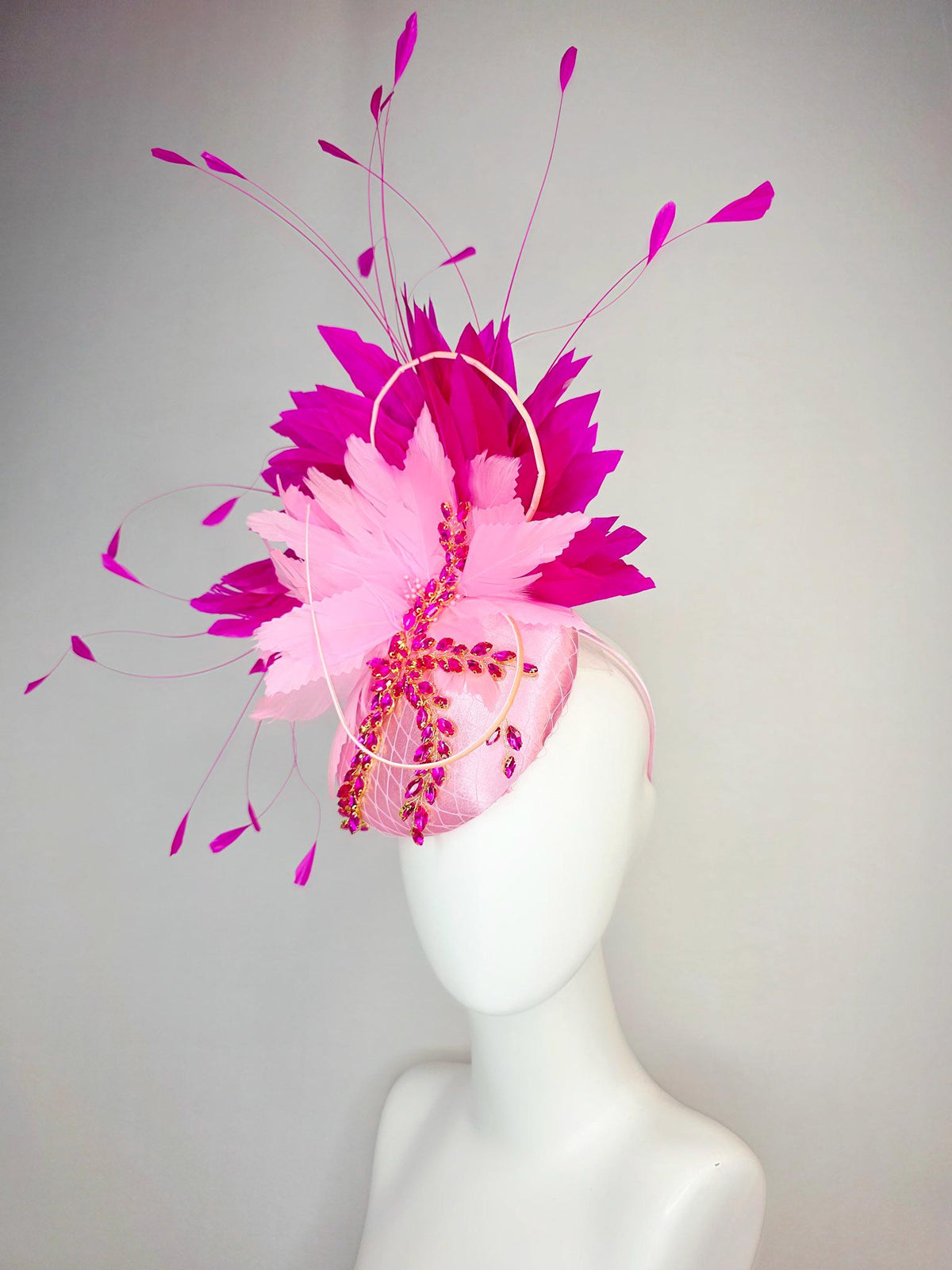 kentucky derby hat fascinator baby pink satin with netting leaf vine hot pink crystal rhinestone fluffy light baby pink fuchsia feathers