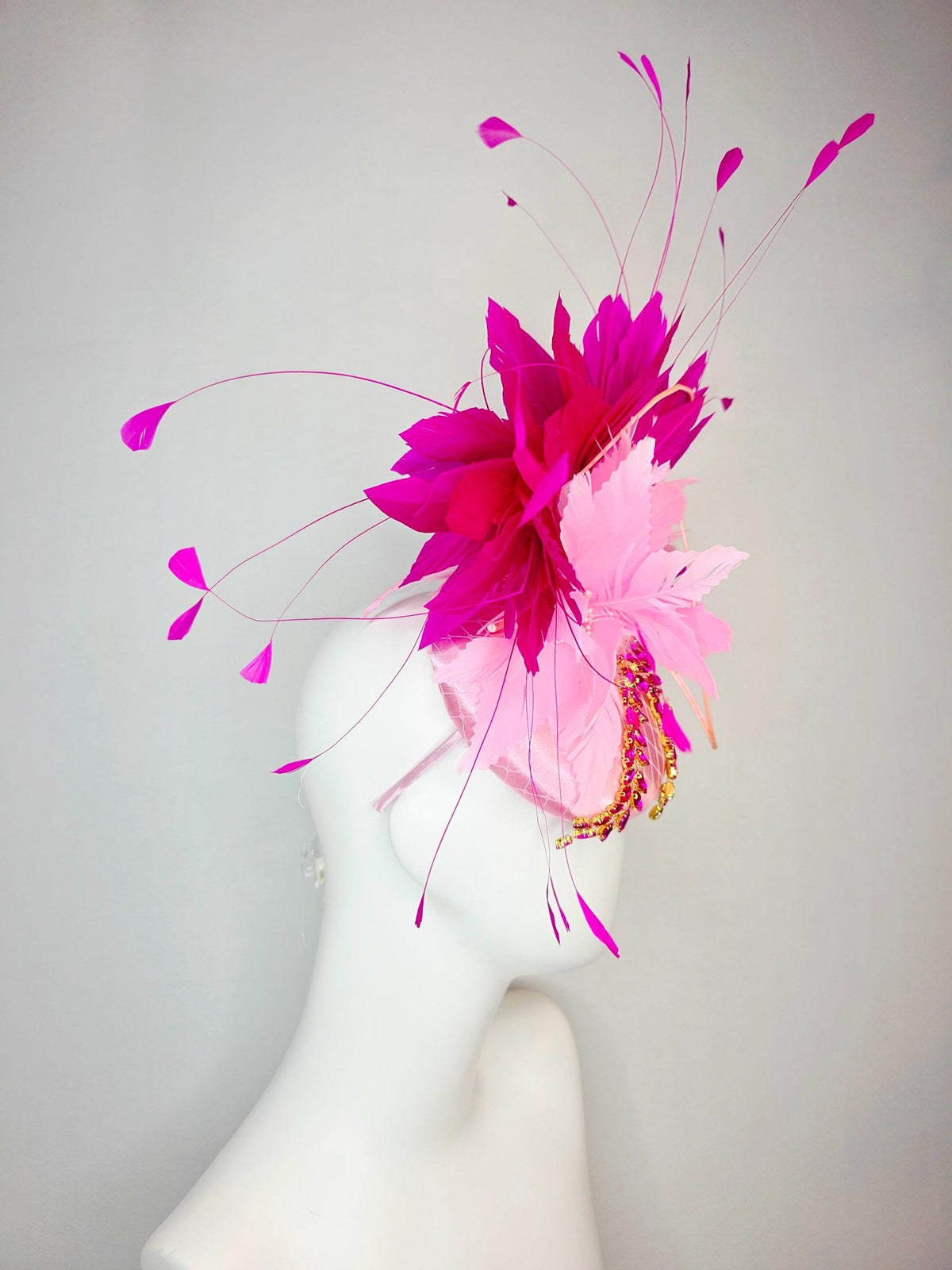 kentucky derby hat fascinator baby pink satin with netting leaf vine hot pink crystal rhinestone fluffy light baby pink fuchsia feathers