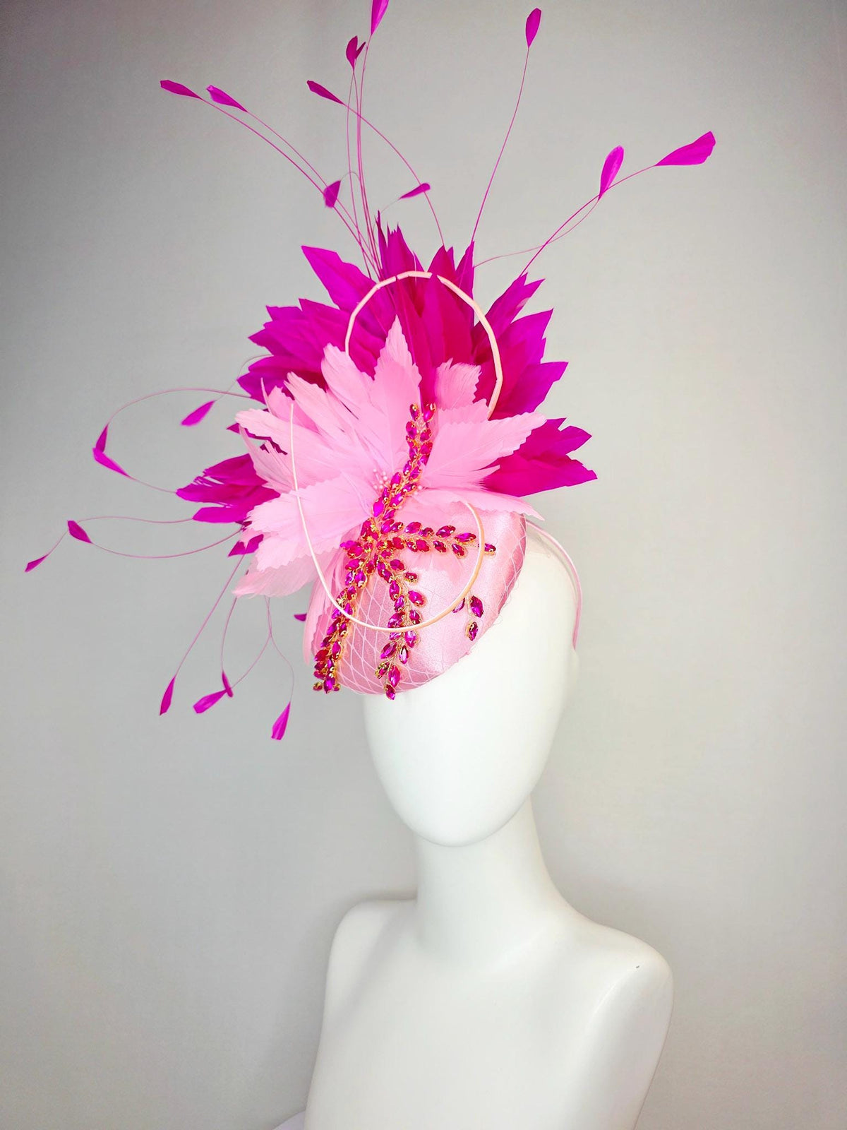 kentucky derby hat fascinator baby pink satin with netting leaf vine hot pink crystal rhinestone fluffy light baby pink fuchsia feathers