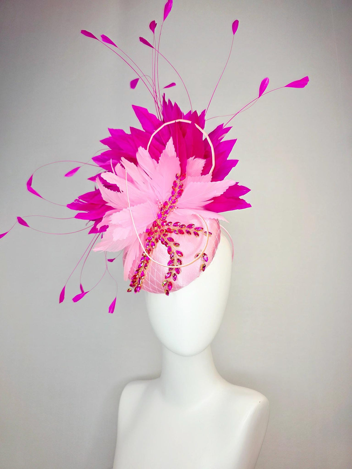 kentucky derby hat fascinator baby pink satin with netting leaf vine hot pink crystal rhinestone fluffy light baby pink fuchsia feathers