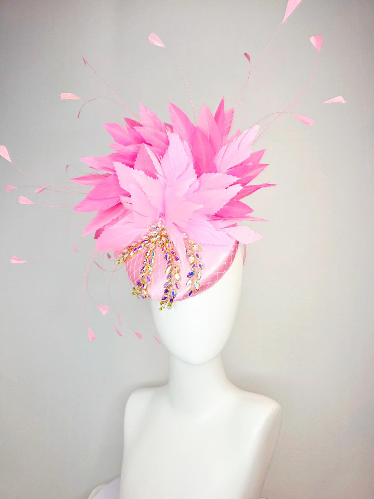 kentucky derby hat fascinator baby pink satin with netting leaf vine iridescent crystal rhinestone fluffy light baby blush pink feathers
