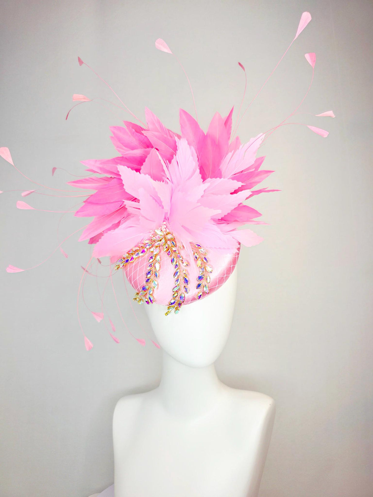 kentucky derby hat fascinator baby pink satin with netting leaf vine iridescent crystal rhinestone fluffy light baby blush pink feathers