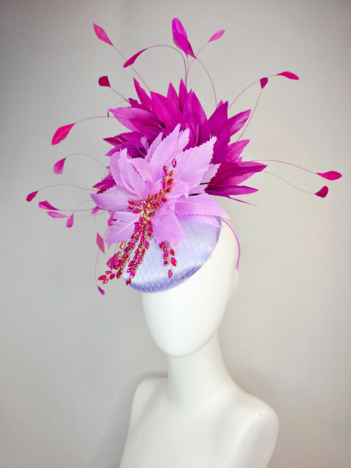 kentucky derby hat fascinator lavender purple satin with netting leaf vine pink crystal rhinestone fluffy lilac purple magenta pink feathers