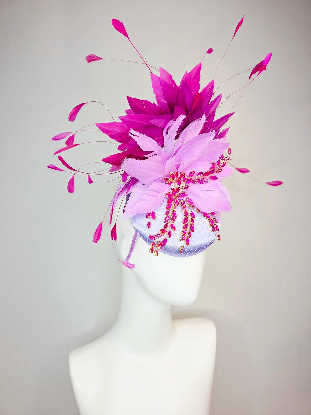 kentucky derby hat fascinator lavender purple satin with netting leaf vine pink crystal rhinestone fluffy lilac purple magenta pink feathers