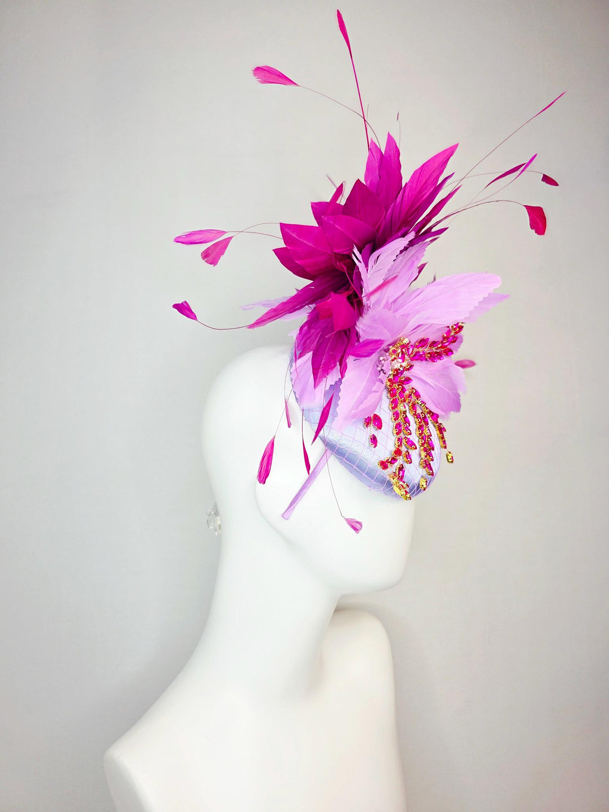 kentucky derby hat fascinator lavender purple satin with netting leaf vine pink crystal rhinestone fluffy lilac purple magenta pink feathers