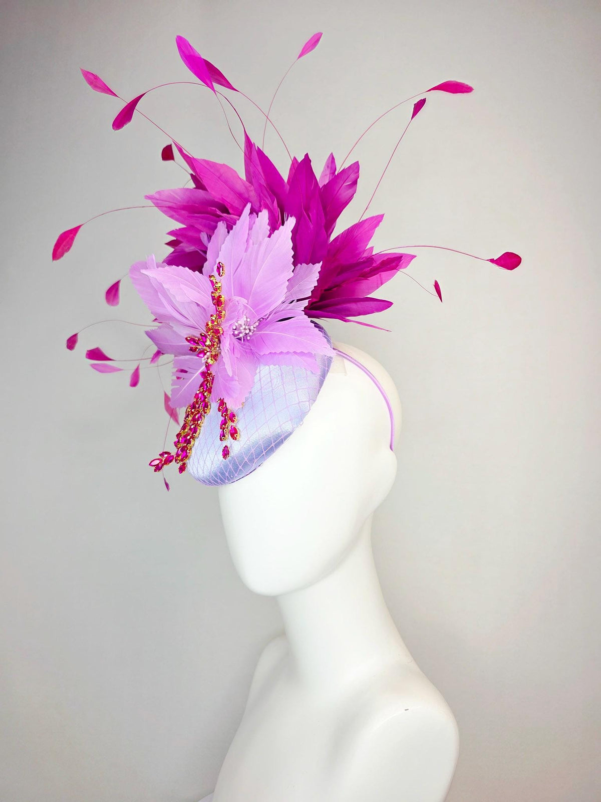 kentucky derby hat fascinator lavender purple satin with netting leaf vine pink crystal rhinestone fluffy lilac purple magenta pink feathers
