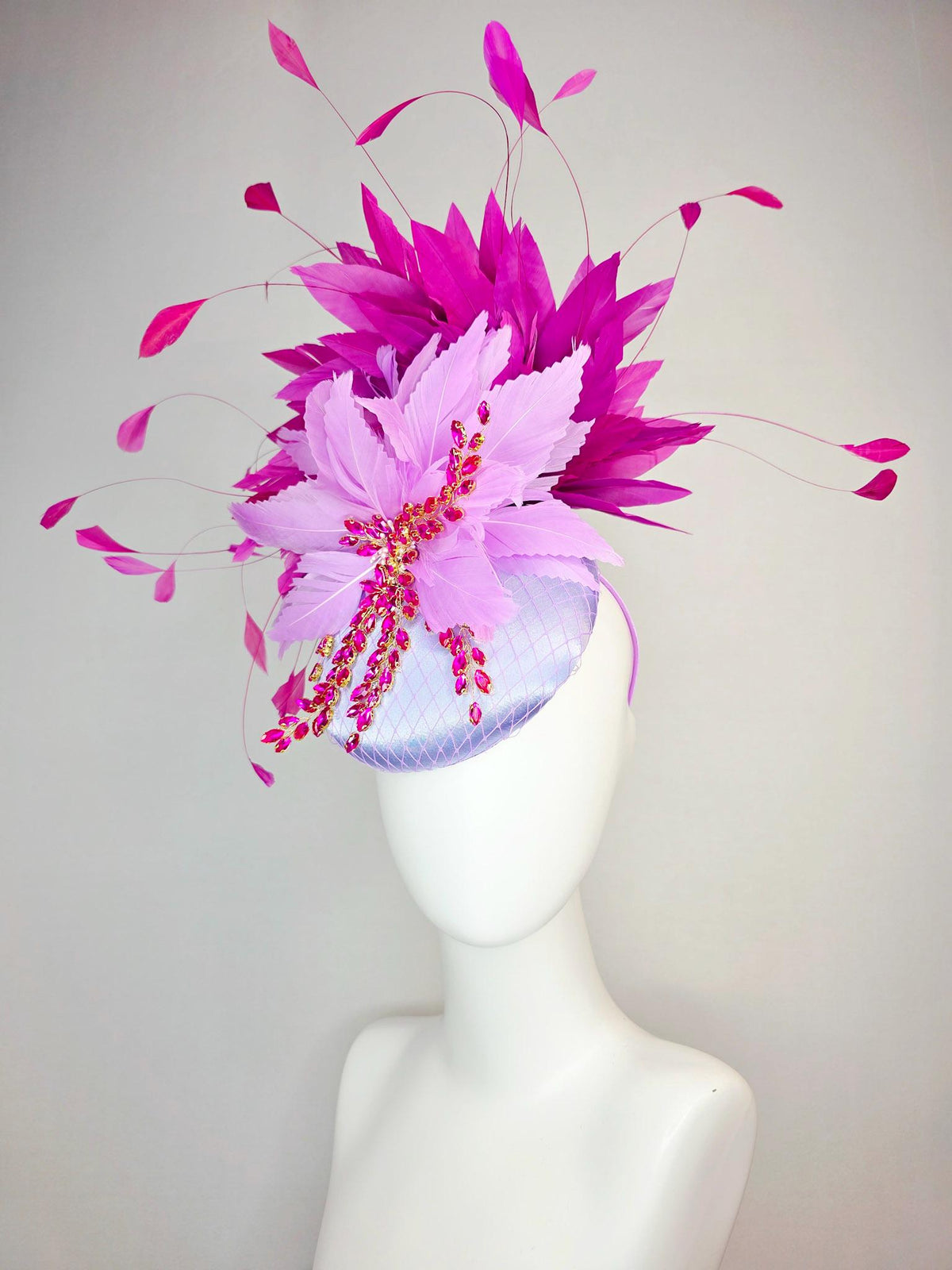 kentucky derby hat fascinator lavender purple satin with netting leaf vine pink crystal rhinestone fluffy lilac purple magenta pink feathers