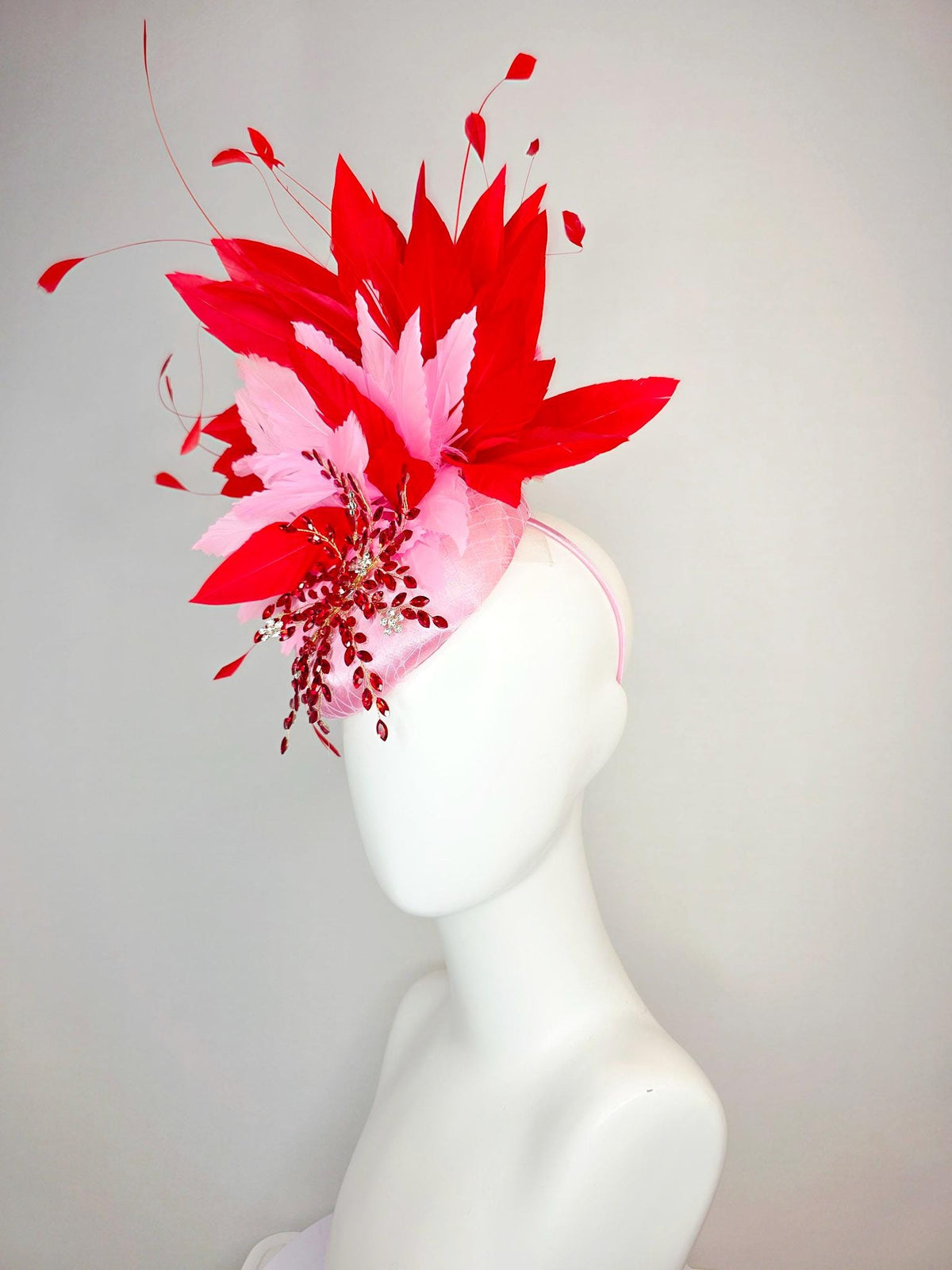 kentucky derby hat fascinator light pink satin with netting leaf vine red crystal rhinestone fluffy baby pink bright scarlet red feathers