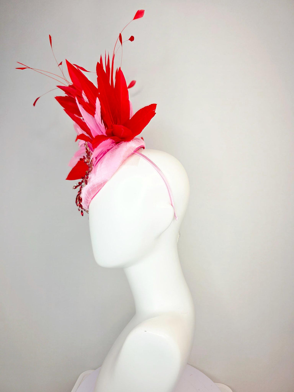 kentucky derby hat fascinator light pink satin with netting leaf vine red crystal rhinestone fluffy baby pink bright scarlet red feathers