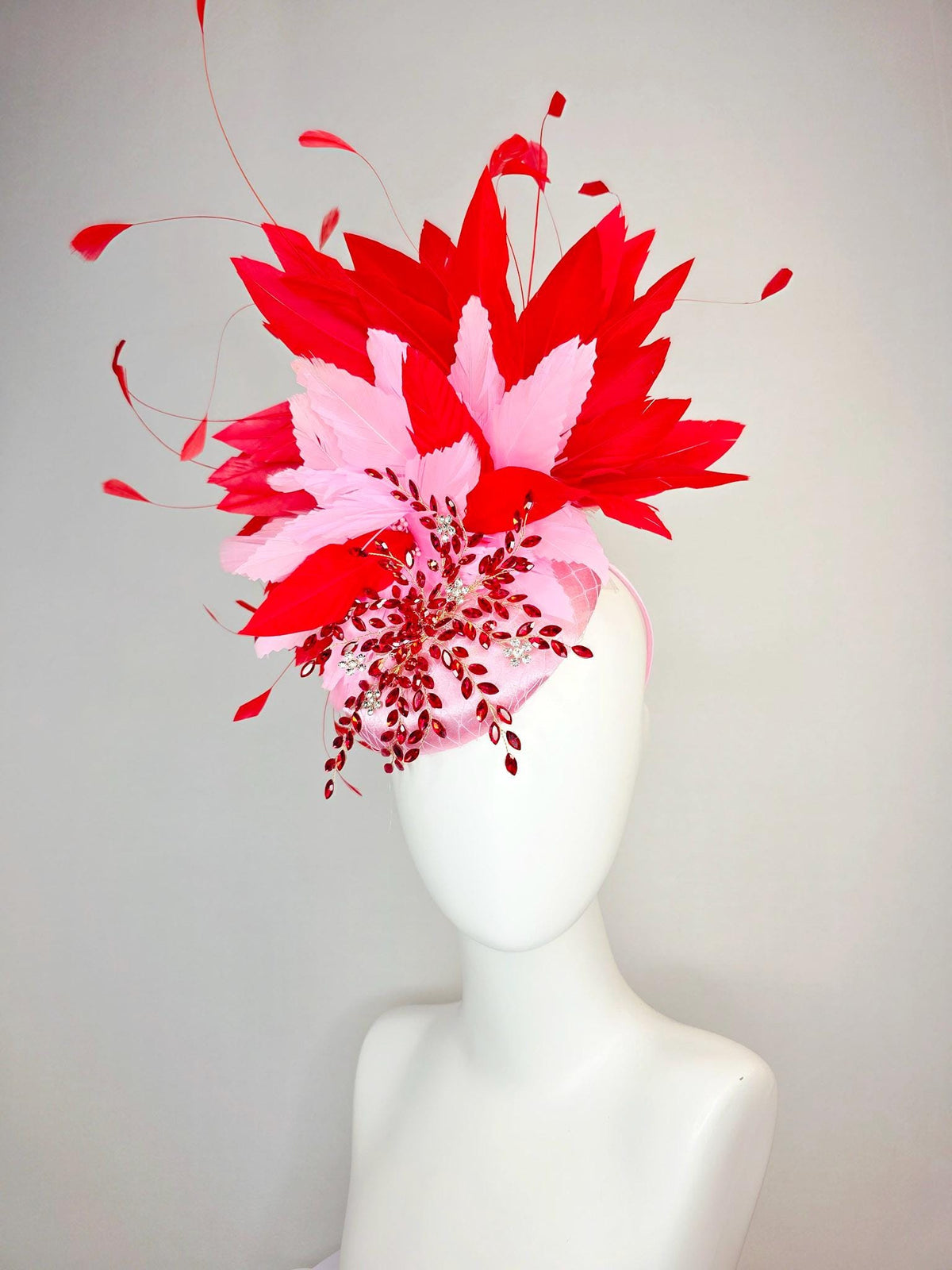 kentucky derby hat fascinator light pink satin with netting leaf vine red crystal rhinestone fluffy baby pink bright scarlet red feathers