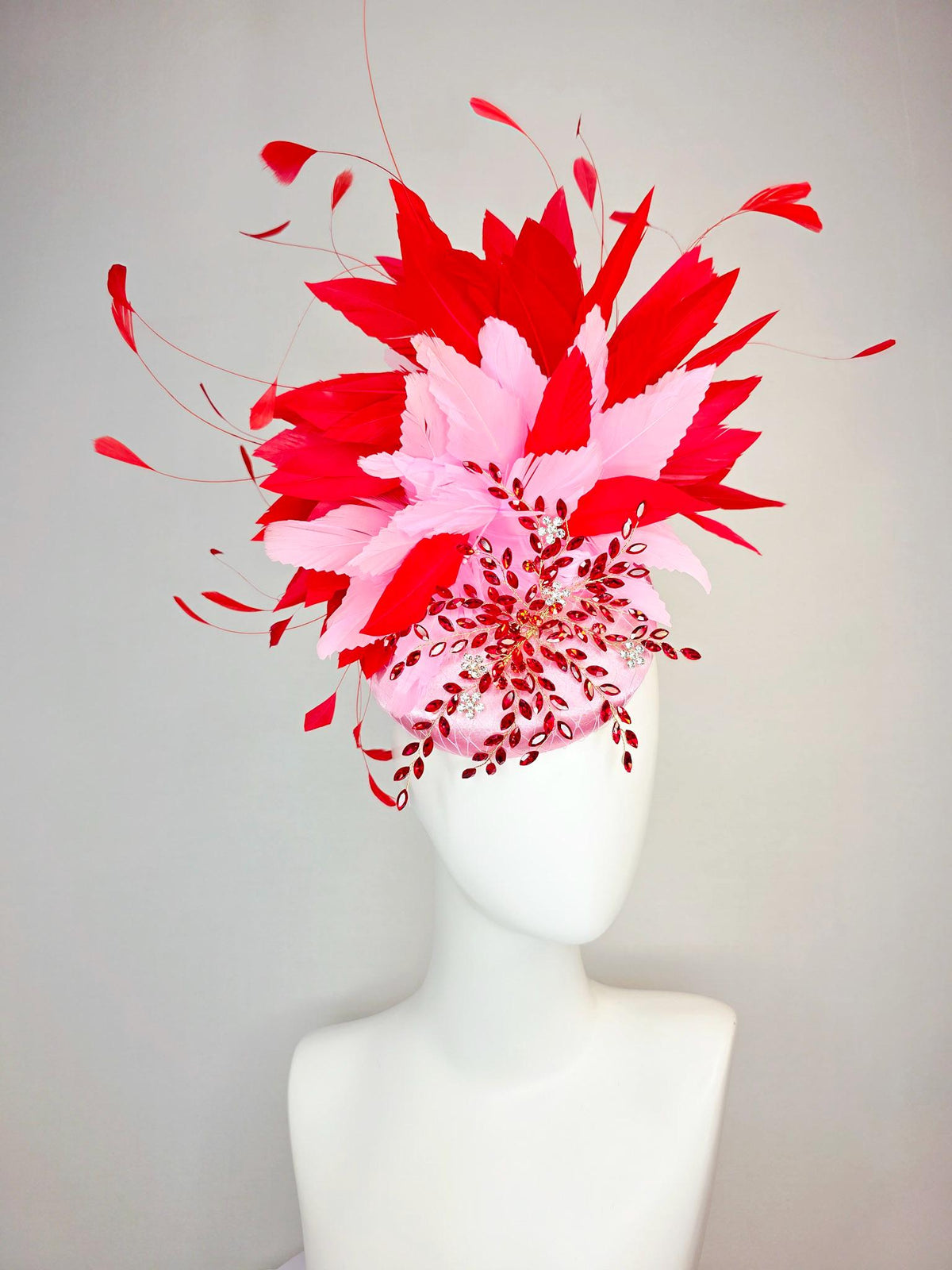 kentucky derby hat fascinator light pink satin with netting leaf vine red crystal rhinestone fluffy baby pink bright scarlet red feathers