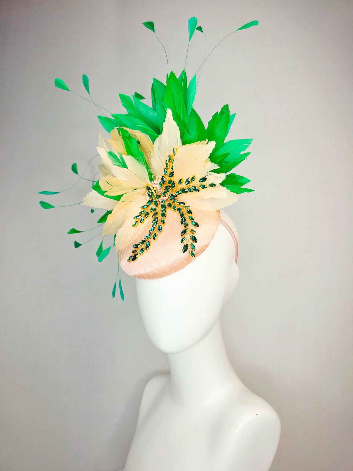 kentucky derby hat fascinator champagne pink satin with netting leaf vine emerald green crystal rhinestone cream beige bright green feathers
