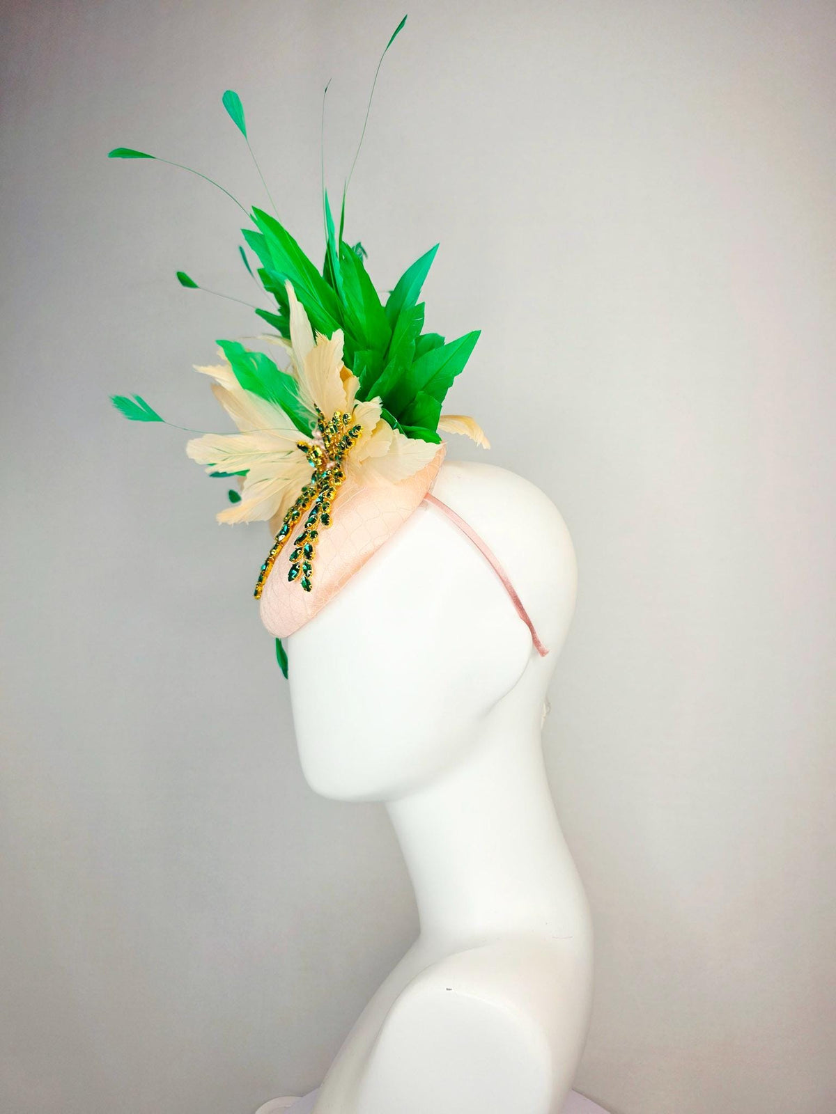 kentucky derby hat fascinator champagne pink satin with netting leaf vine emerald green crystal rhinestone cream beige bright green feathers