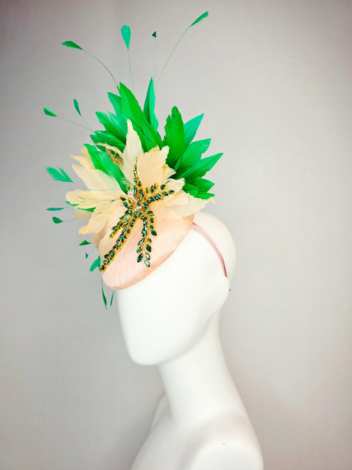 kentucky derby hat fascinator champagne pink satin with netting leaf vine emerald green crystal rhinestone cream beige bright green feathers