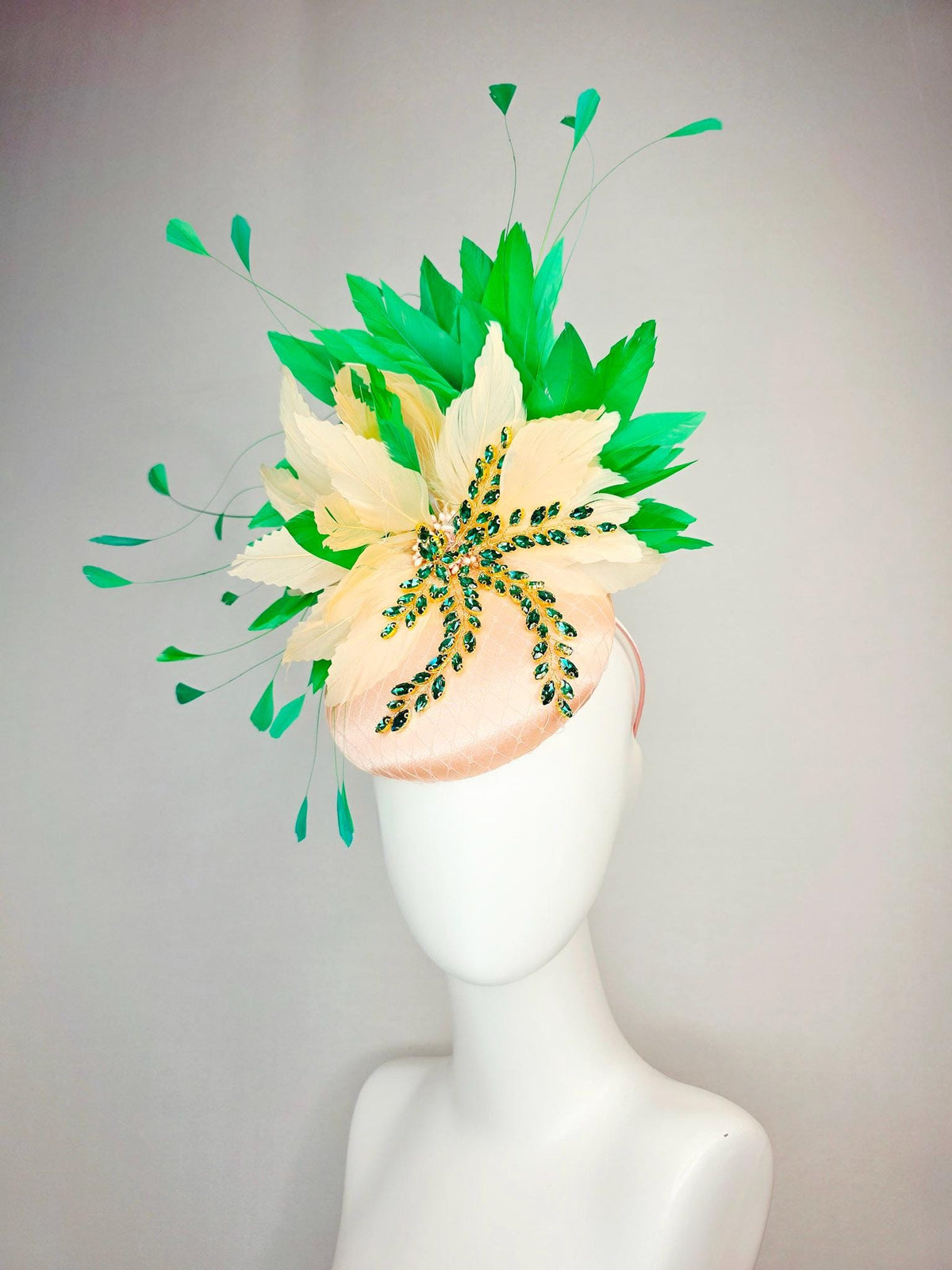 kentucky derby hat fascinator champagne pink satin with netting leaf vine emerald green crystal rhinestone cream beige bright green feathers