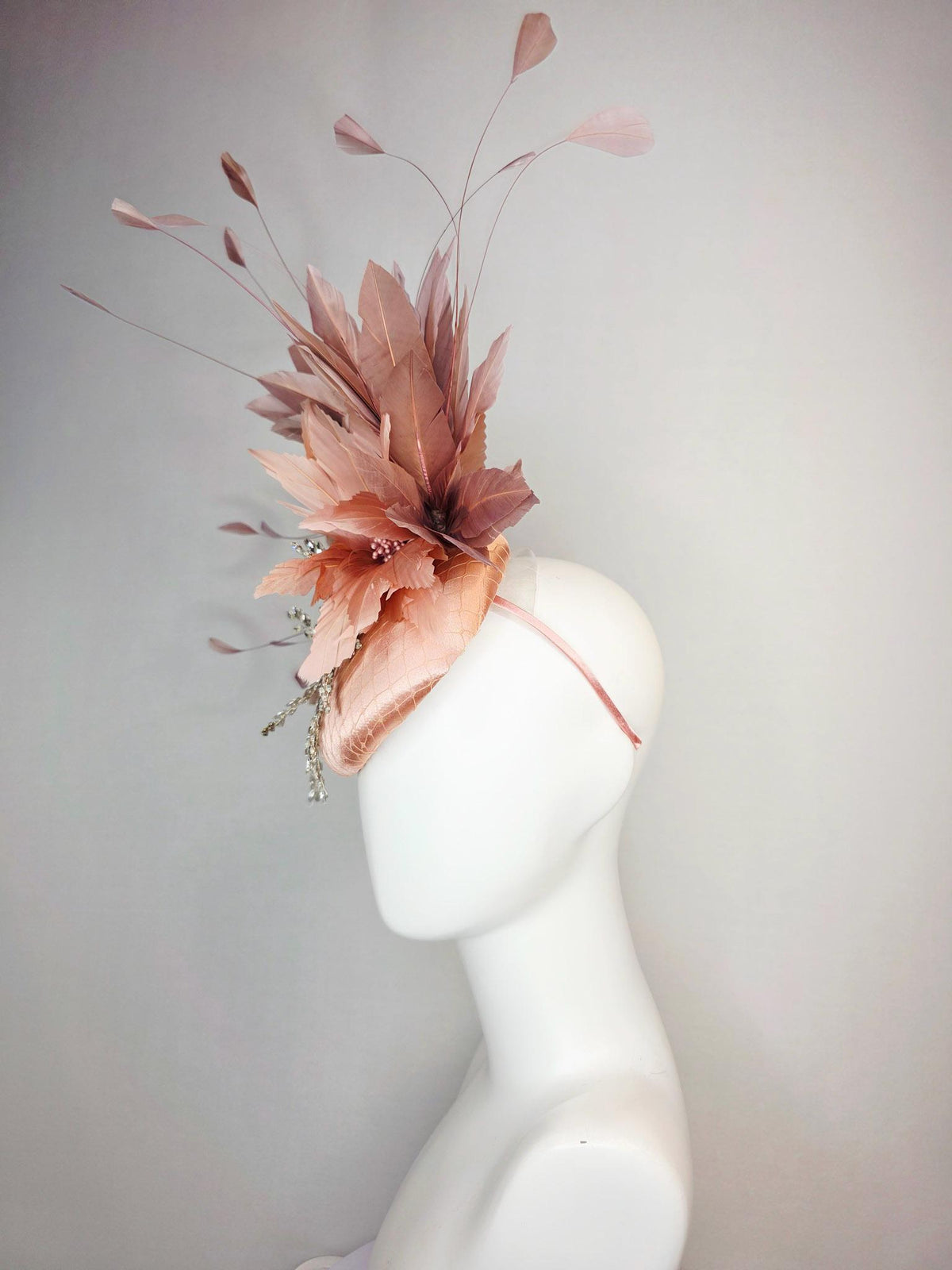 kentucky derby hat fascinator champagne pink satin with netting leaf vine clear crystal rhinestone fluffy dusty rose mauve pink feathers