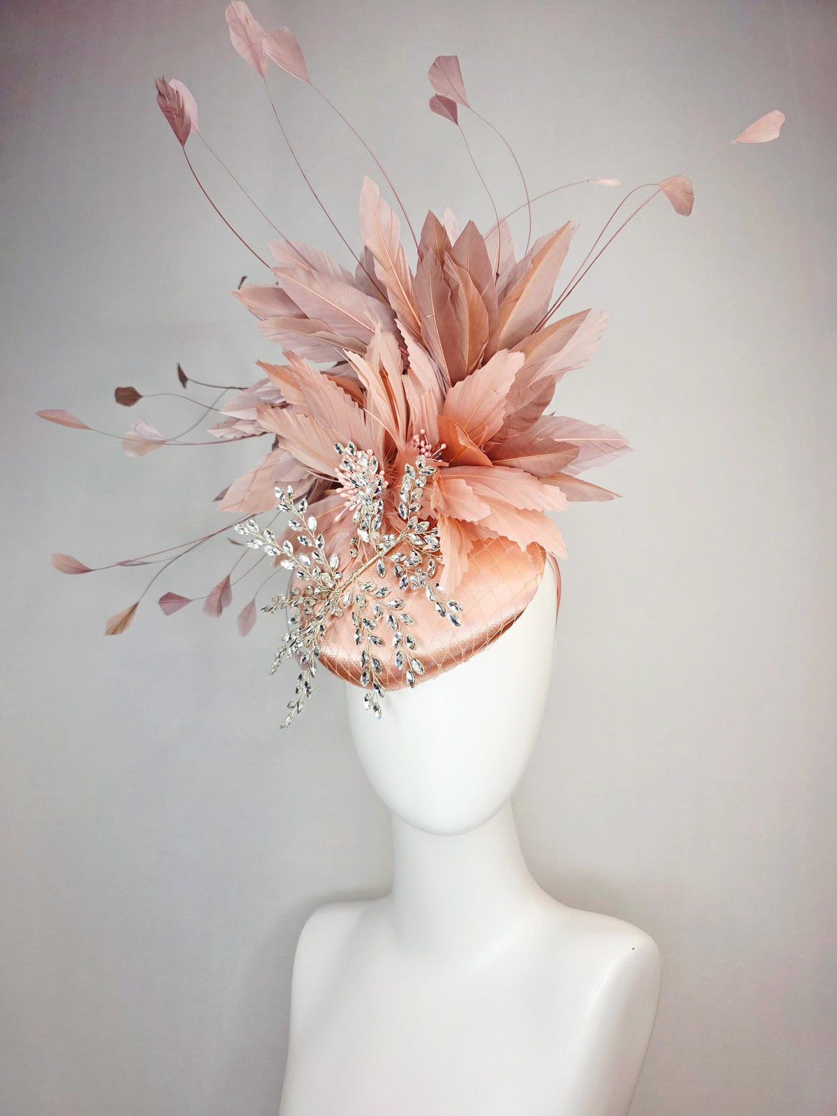 kentucky derby hat fascinator champagne pink satin with netting leaf vine clear crystal rhinestone fluffy dusty rose mauve pink feathers