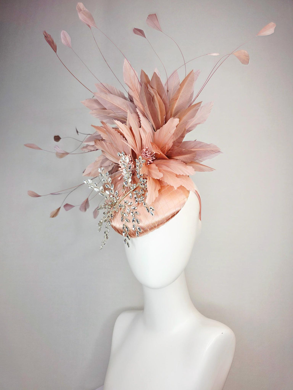 kentucky derby hat fascinator champagne pink satin with netting leaf vine clear crystal rhinestone fluffy dusty rose mauve pink feathers