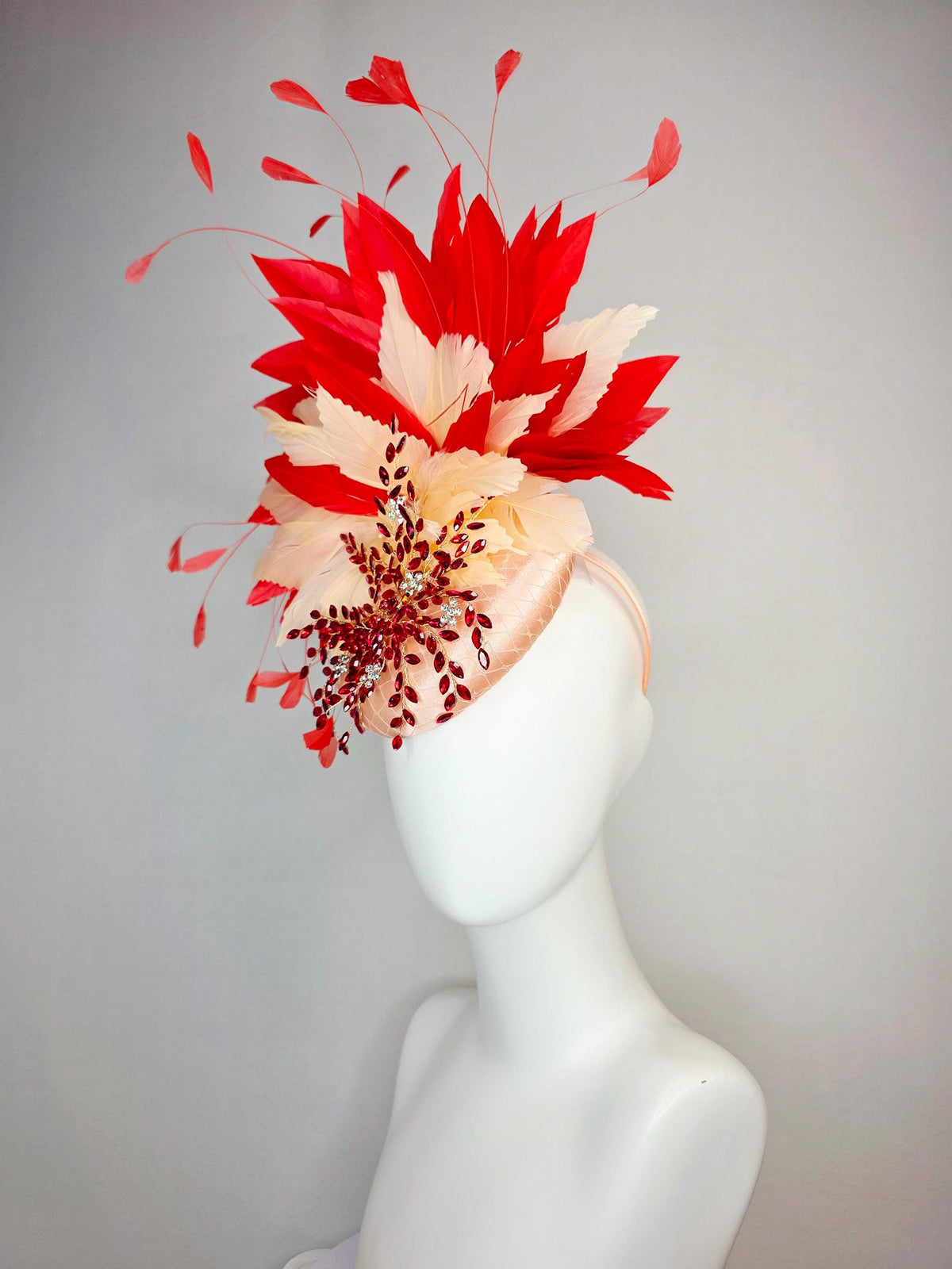 kentucky derby hat fascinator champagne pink satin with netting leaf vine red crystal rhinestone fluffy cream beige scarlet red feathers