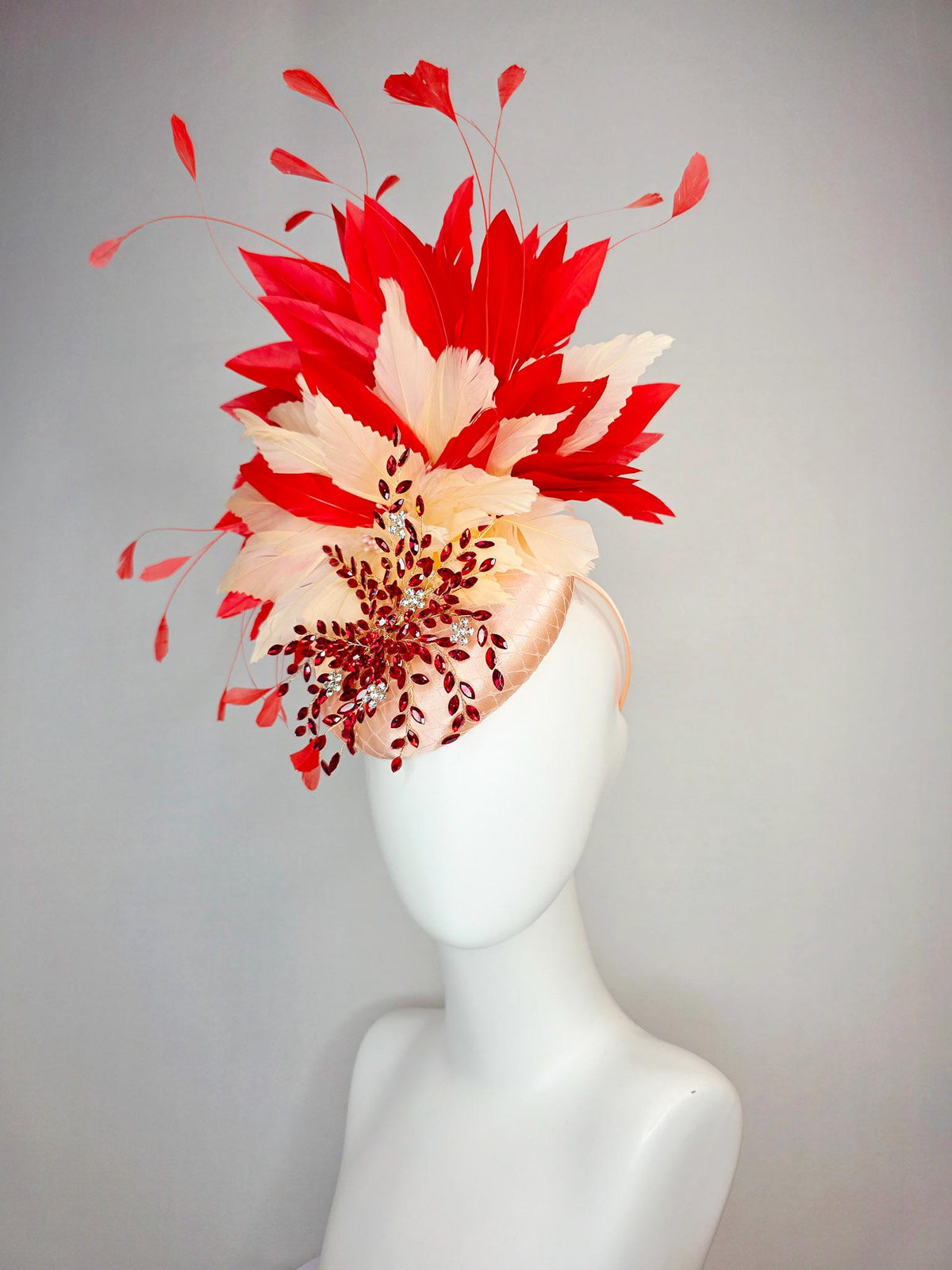 kentucky derby hat fascinator champagne pink satin with netting leaf vine red crystal rhinestone fluffy cream beige scarlet red feathers