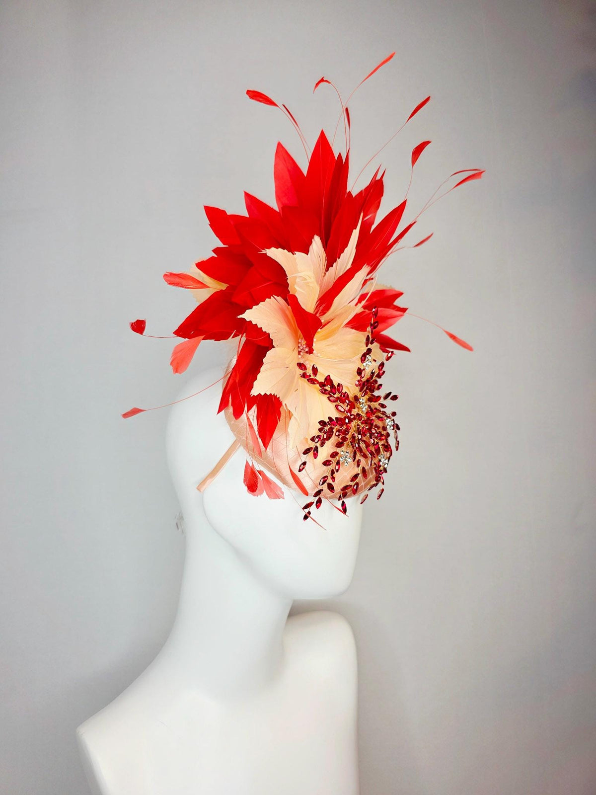 kentucky derby hat fascinator champagne pink satin with netting leaf vine red crystal rhinestone fluffy cream beige scarlet red feathers