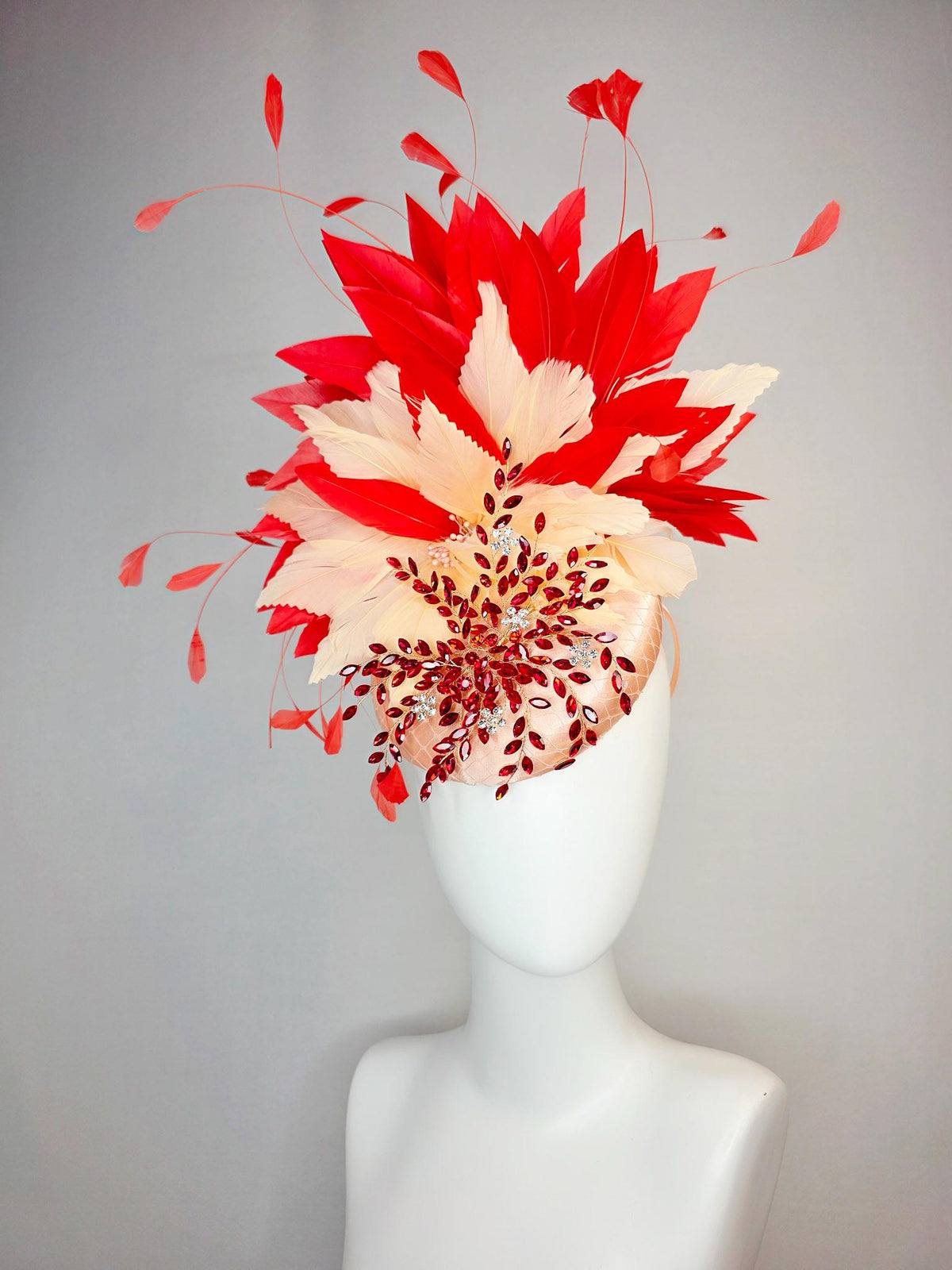 kentucky derby hat fascinator champagne pink satin with netting leaf vine red crystal rhinestone fluffy cream beige scarlet red feathers