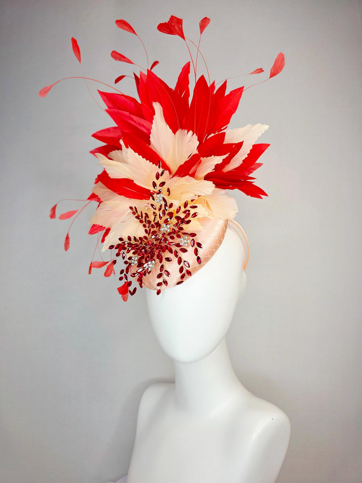 kentucky derby hat fascinator champagne pink satin with netting leaf vine red crystal rhinestone fluffy cream beige scarlet red feathers
