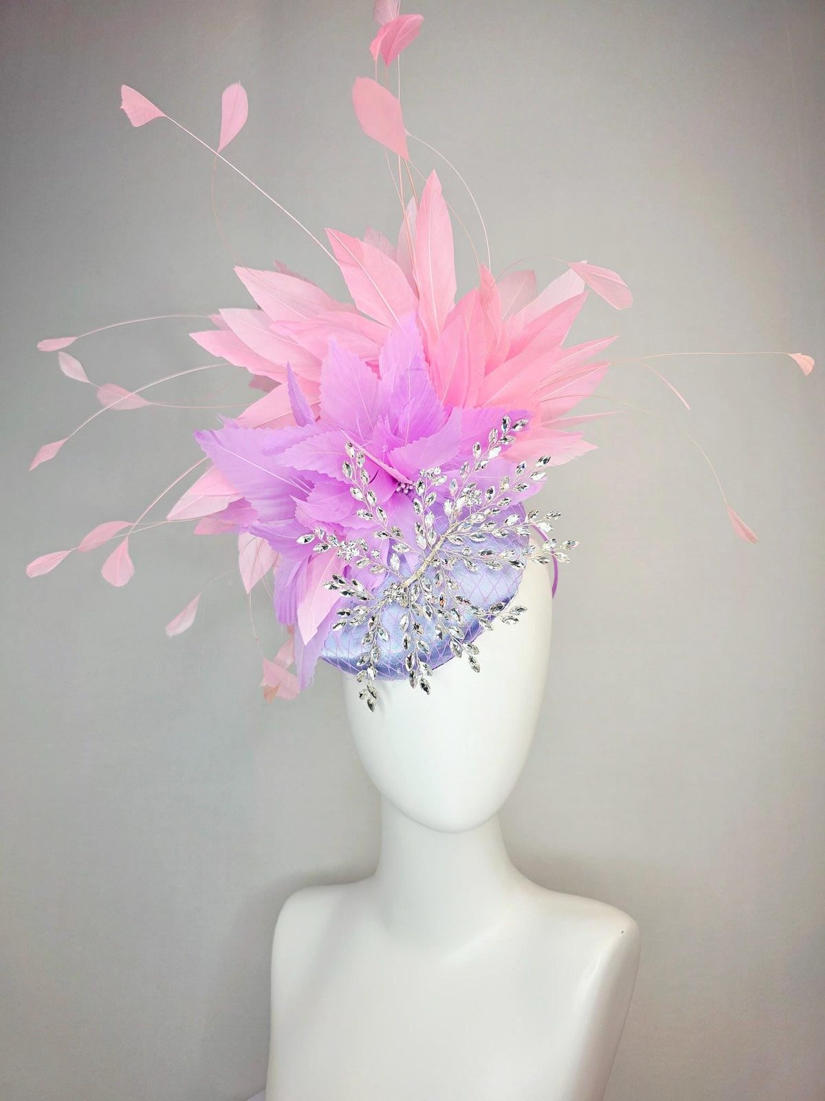 kentucky derby hat fascinator lavender purple satin with netting leaf vine crystal clear rhinestone fluffy lilac purple baby pink feathers
