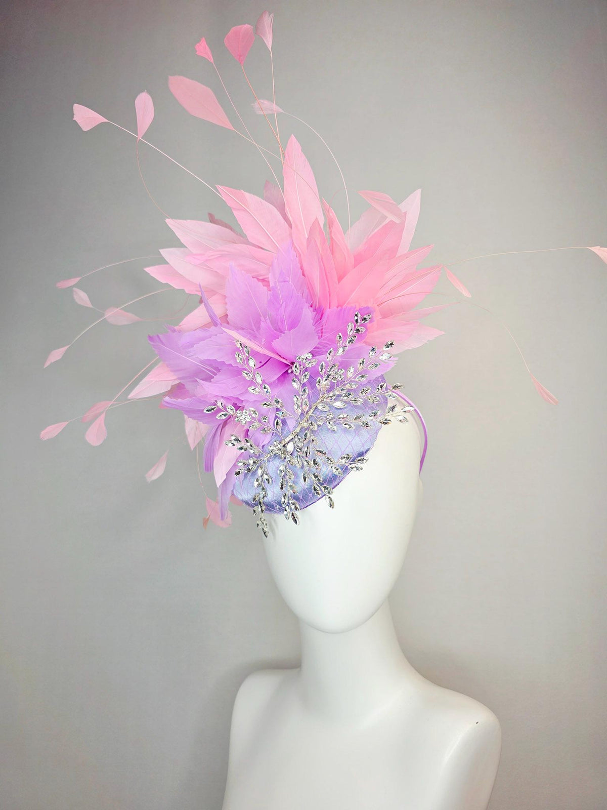 kentucky derby hat fascinator lavender purple satin with netting leaf vine crystal clear rhinestone fluffy lilac purple baby pink feathers