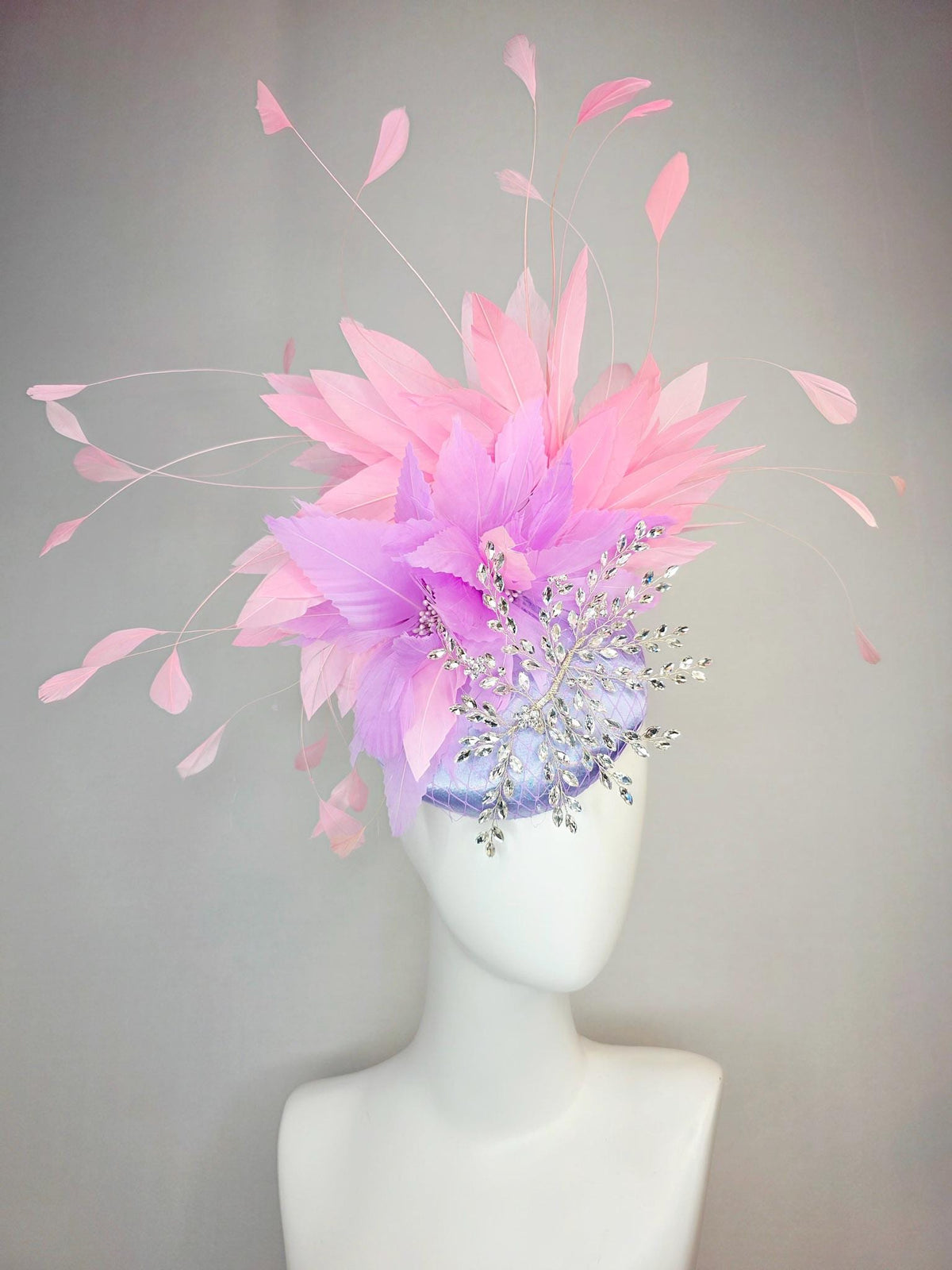 kentucky derby hat fascinator lavender purple satin with netting leaf vine crystal clear rhinestone fluffy lilac purple baby pink feathers