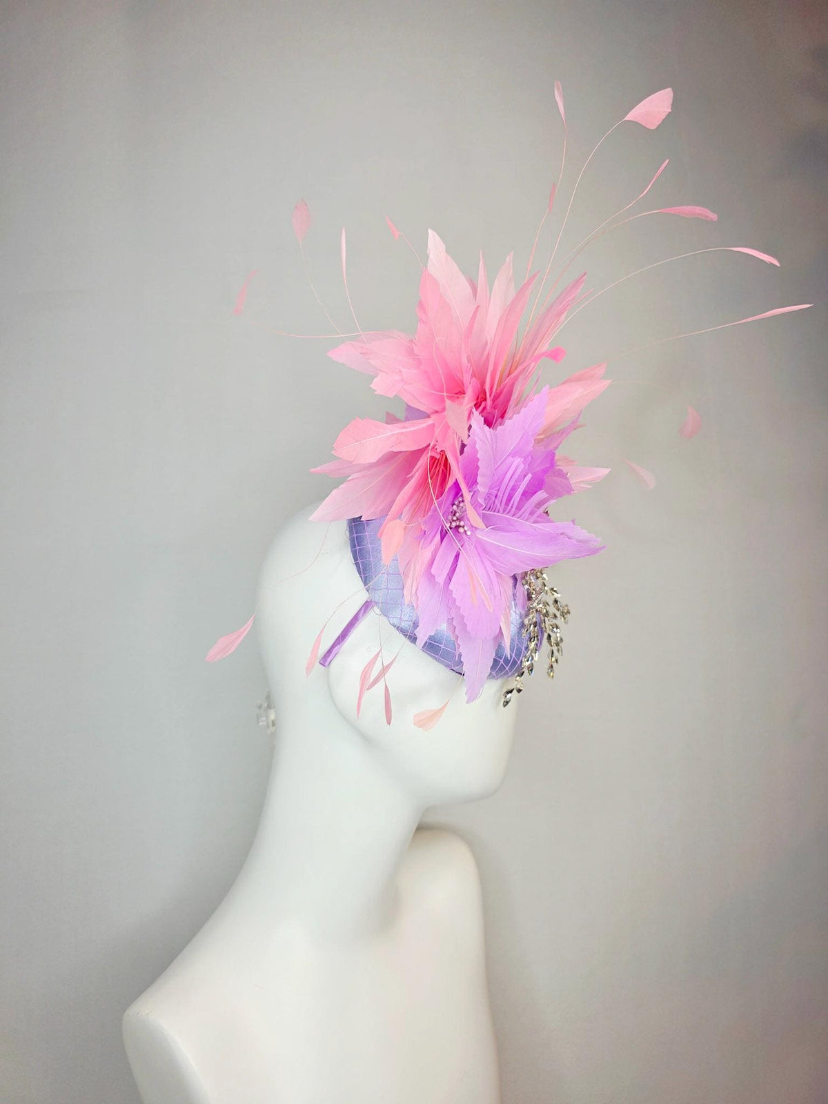 kentucky derby hat fascinator lavender purple satin with netting leaf vine crystal clear rhinestone fluffy lilac purple baby pink feathers