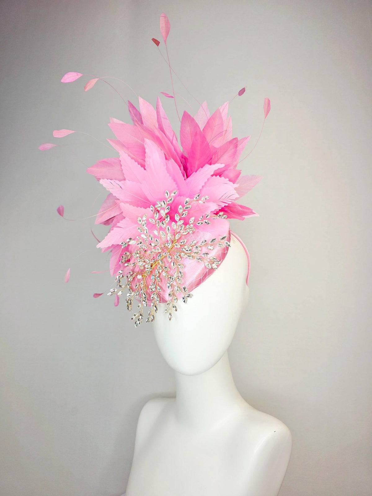 kentucky derby hat fascinator light pink satin with netting leaf vine clear crystal rhinestone fluffy blush baby pink feathers