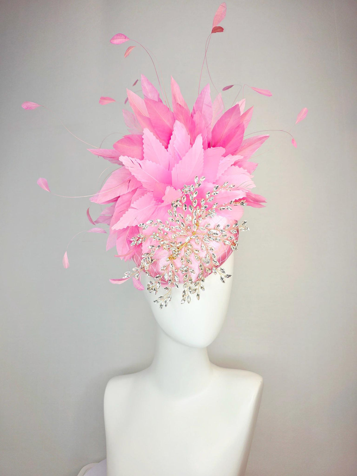 kentucky derby hat fascinator light pink satin with netting leaf vine clear crystal rhinestone fluffy blush baby pink feathers