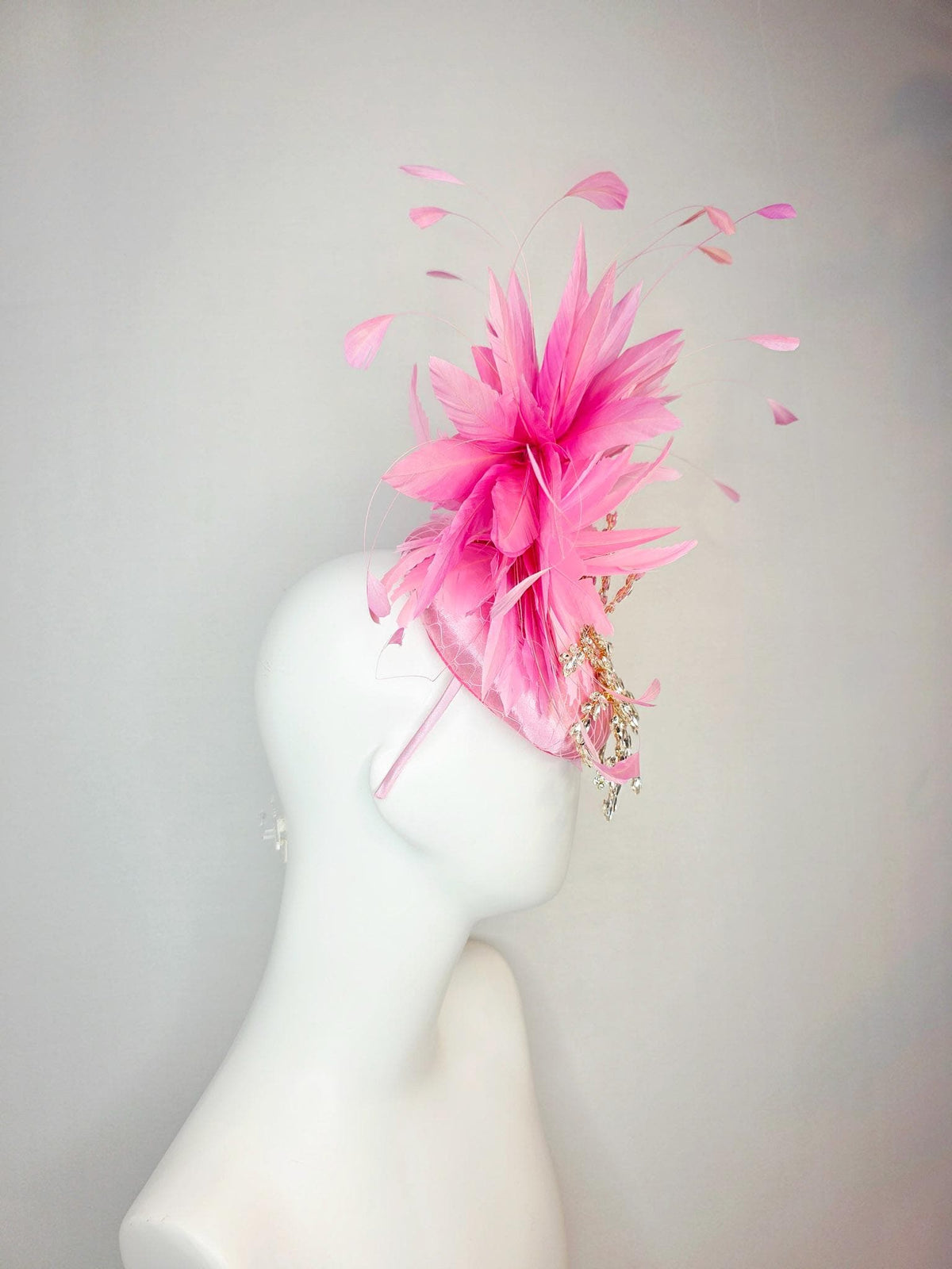 kentucky derby hat fascinator light pink satin with netting leaf vine clear crystal rhinestone fluffy blush baby pink feathers